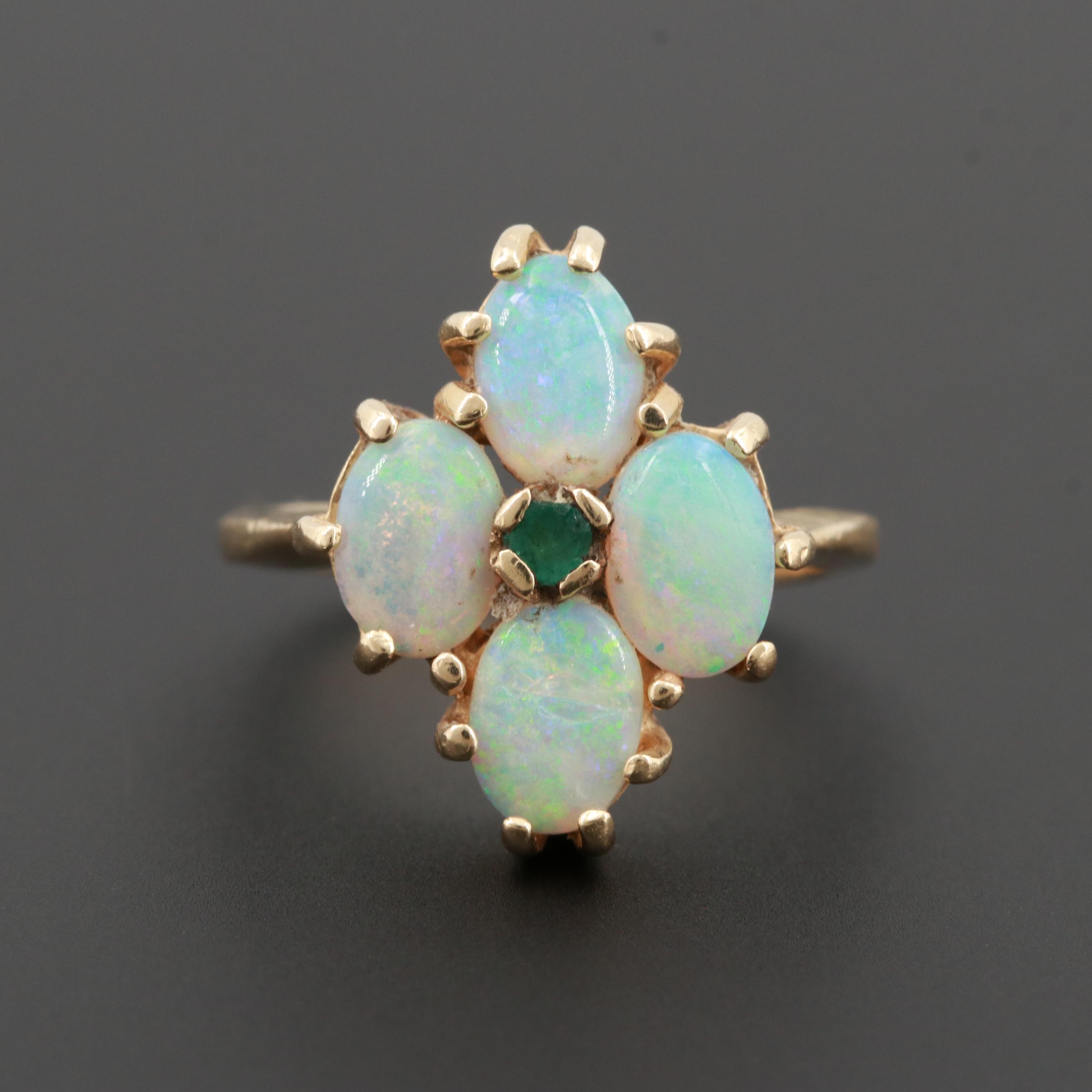 14K Yellow Gold Opal and Emerald Ring