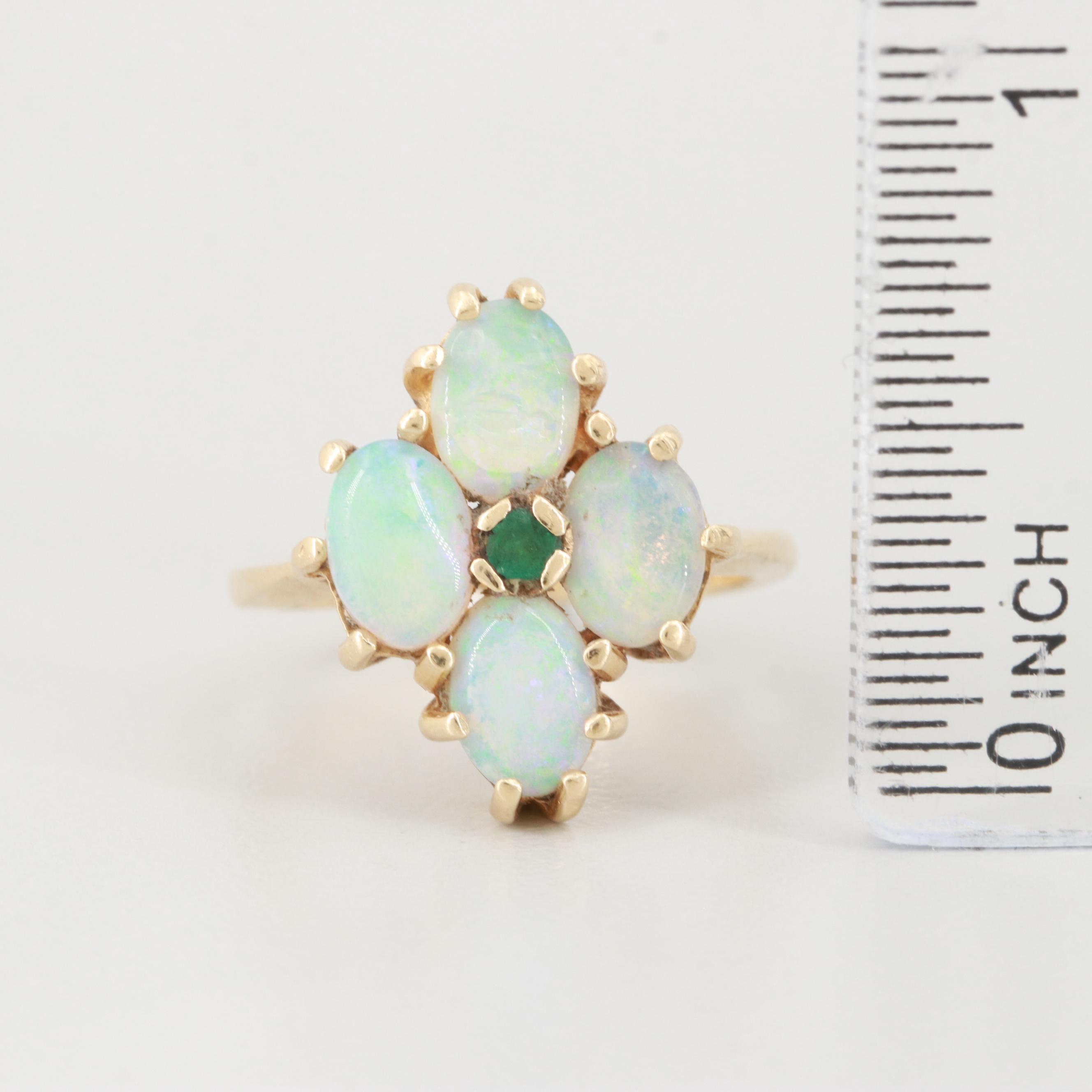 14K Yellow Gold Opal and Emerald Ring