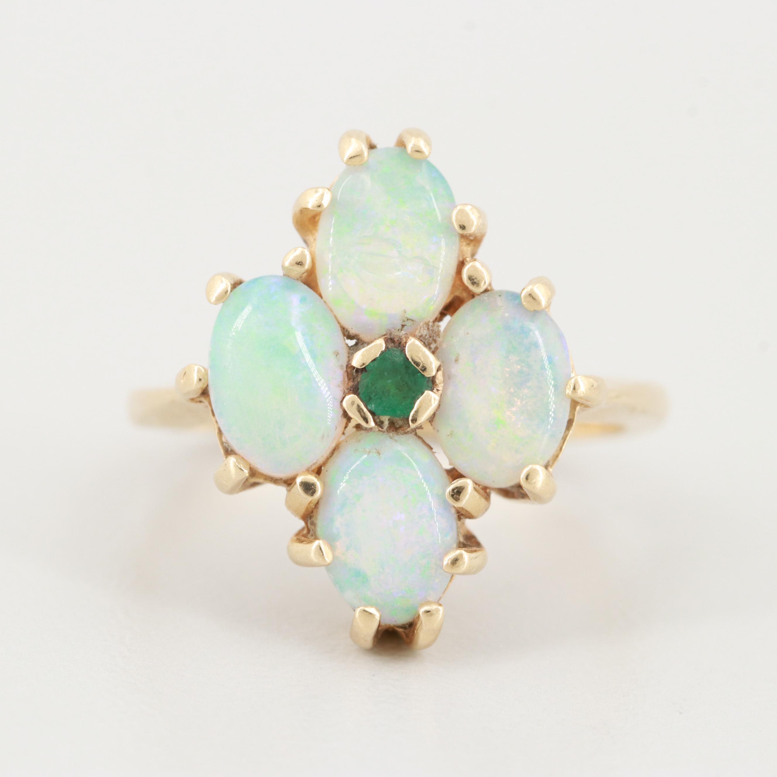 14K Yellow Gold Opal and Emerald Ring