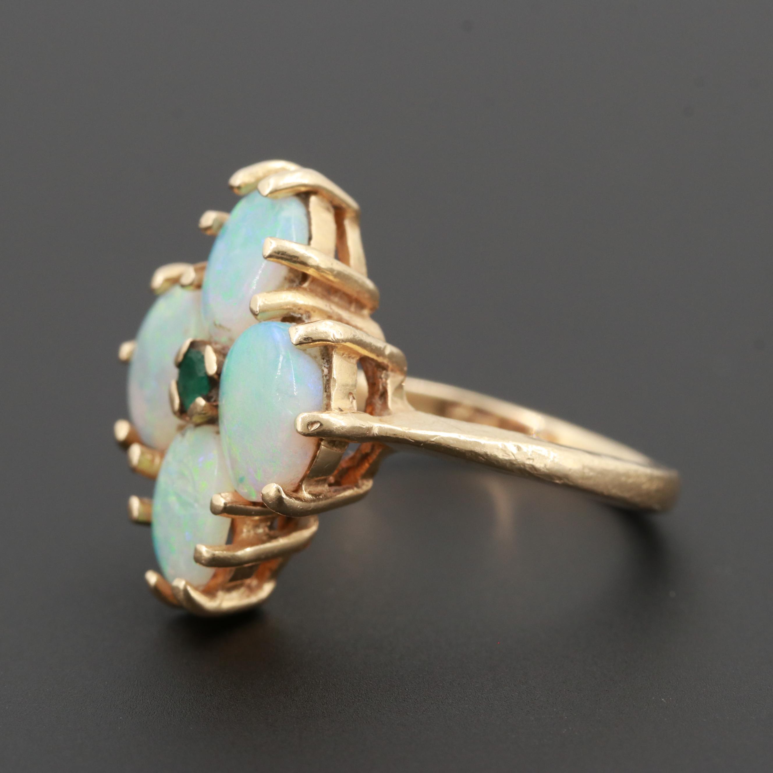 14K Yellow Gold Opal and Emerald Ring