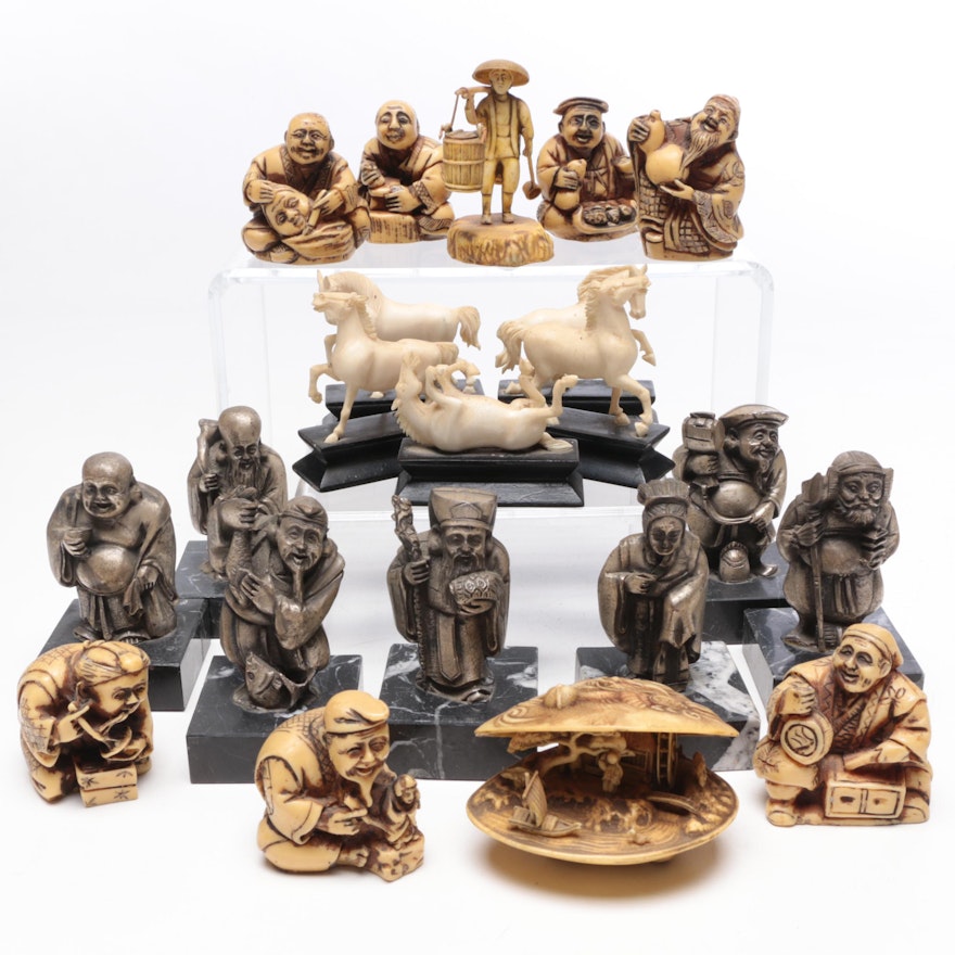 Chinese and Japanese Pewter, Marble, Resin and Wood Figurines