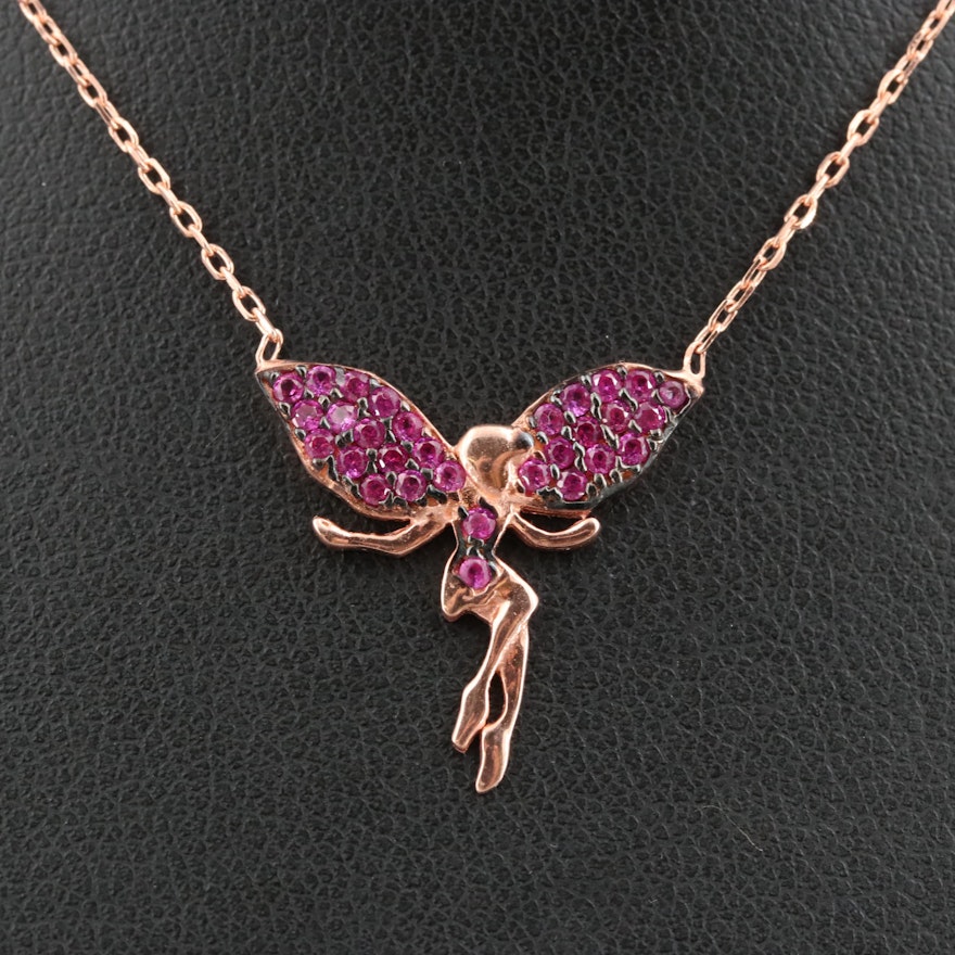 Rose Gold Wash on Sterling Silver and Synthetic Ruby Fairy Pendant Necklace