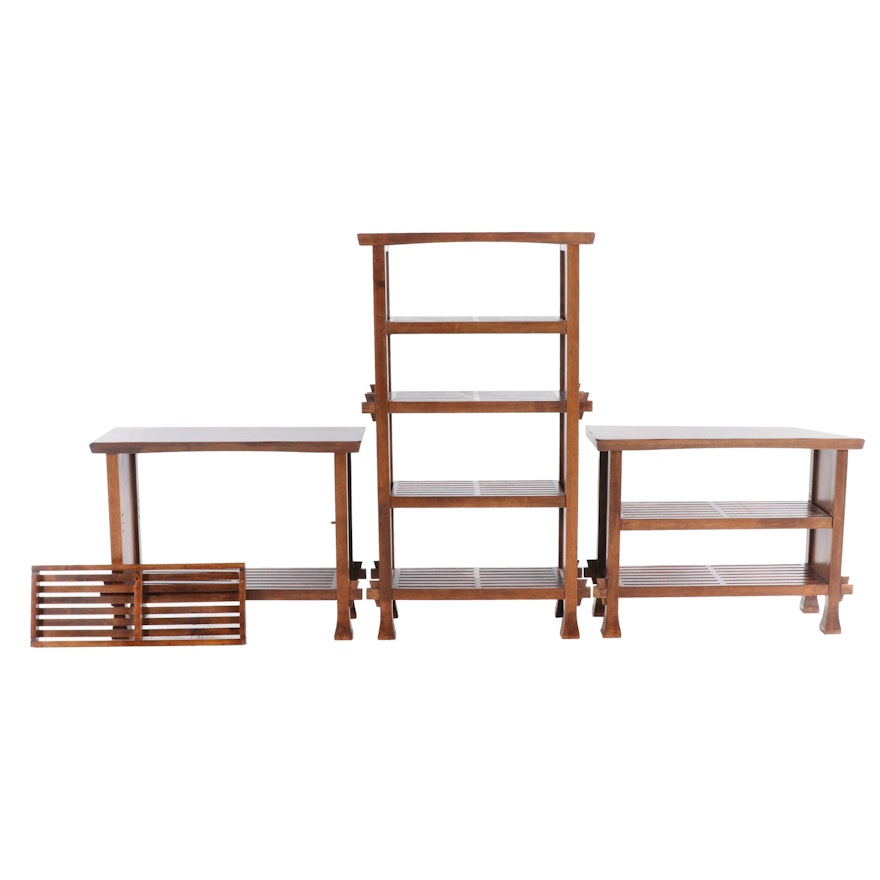 Contemporary Walnut-Finish Console Tables and One Bookcase, Late 20th Century