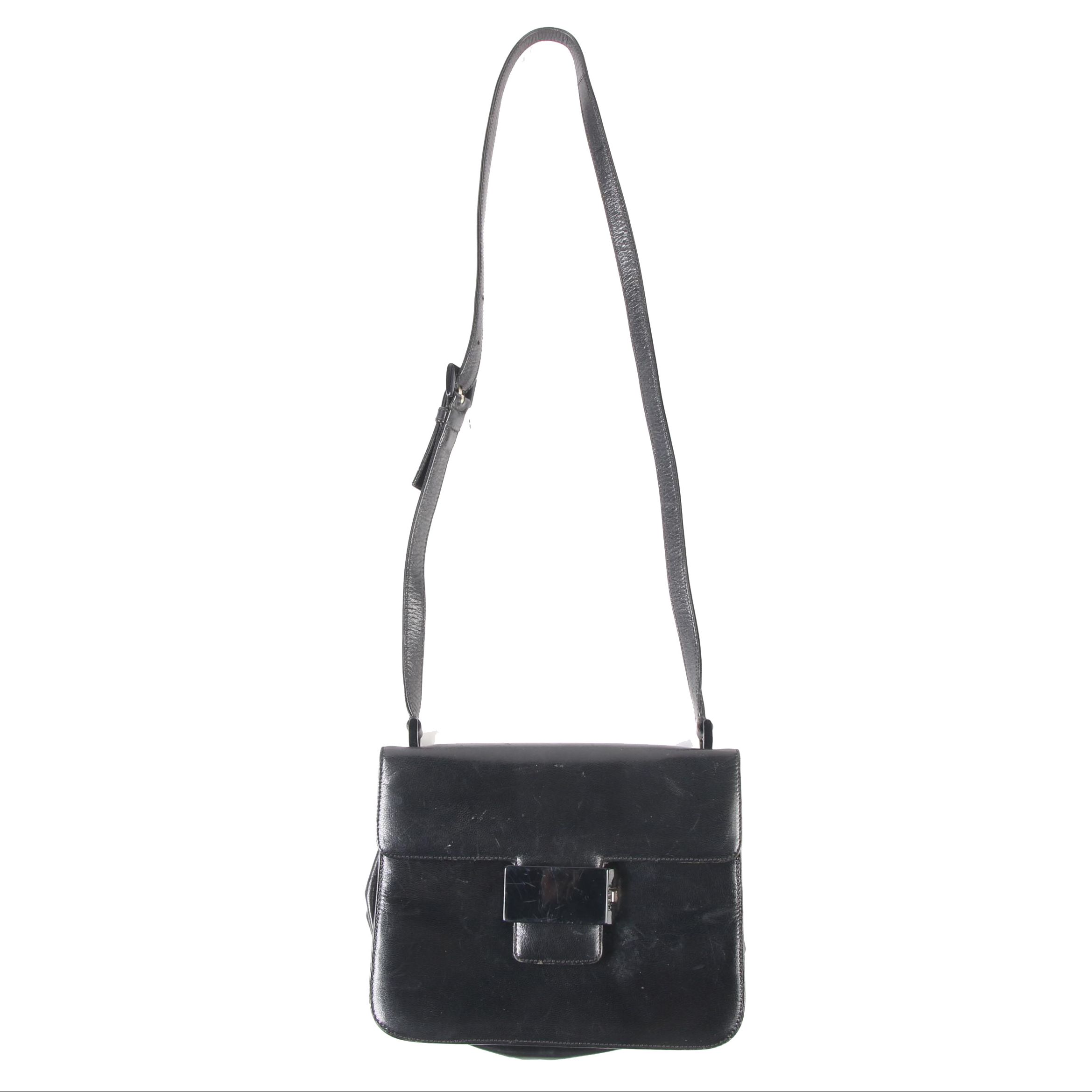 Prada Flap Front Black Leather Crossbody Shoulder Bag