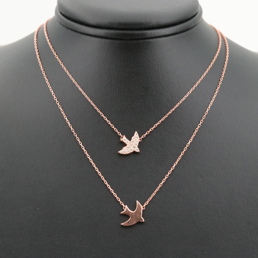 Rose Gold Wash on Sterling Silver Cubic Zirconia Double Strand Bird Necklace