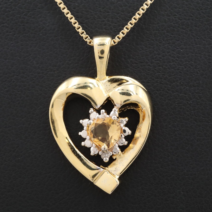 Gold Wash on Sterling Silver Citrine and Diamond Heart Pendant Necklace