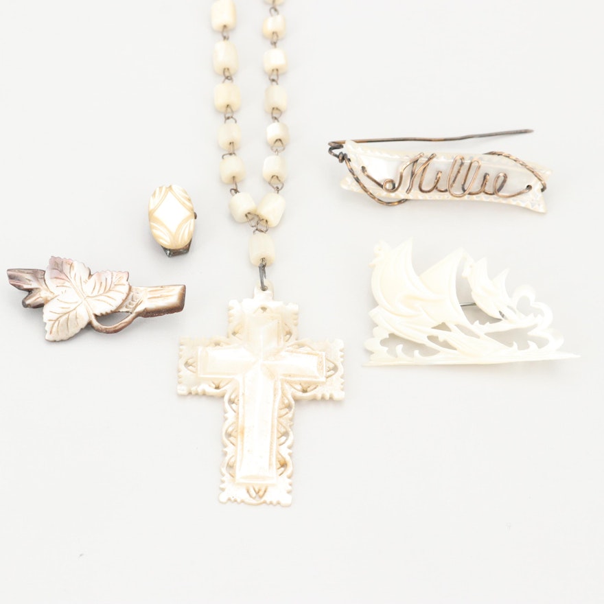 Vintage Mother of Pearl Brooches, Pins, and Rosary