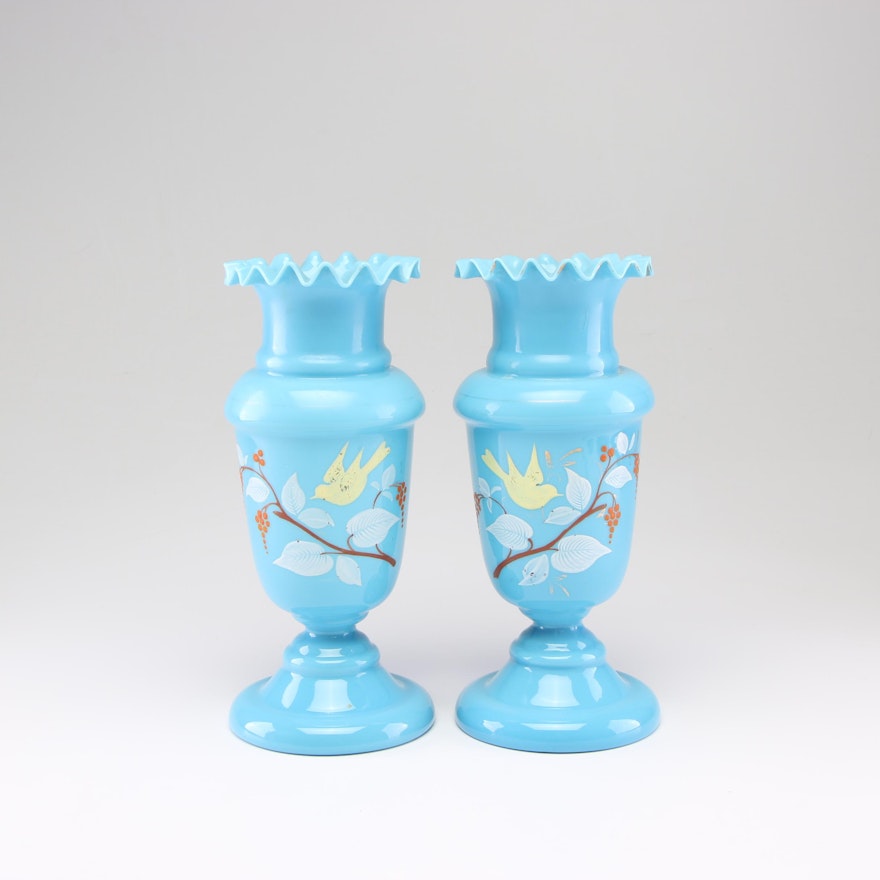 Bristol Blue Hand-Painted Vases, Late 19th/Early 20th Century