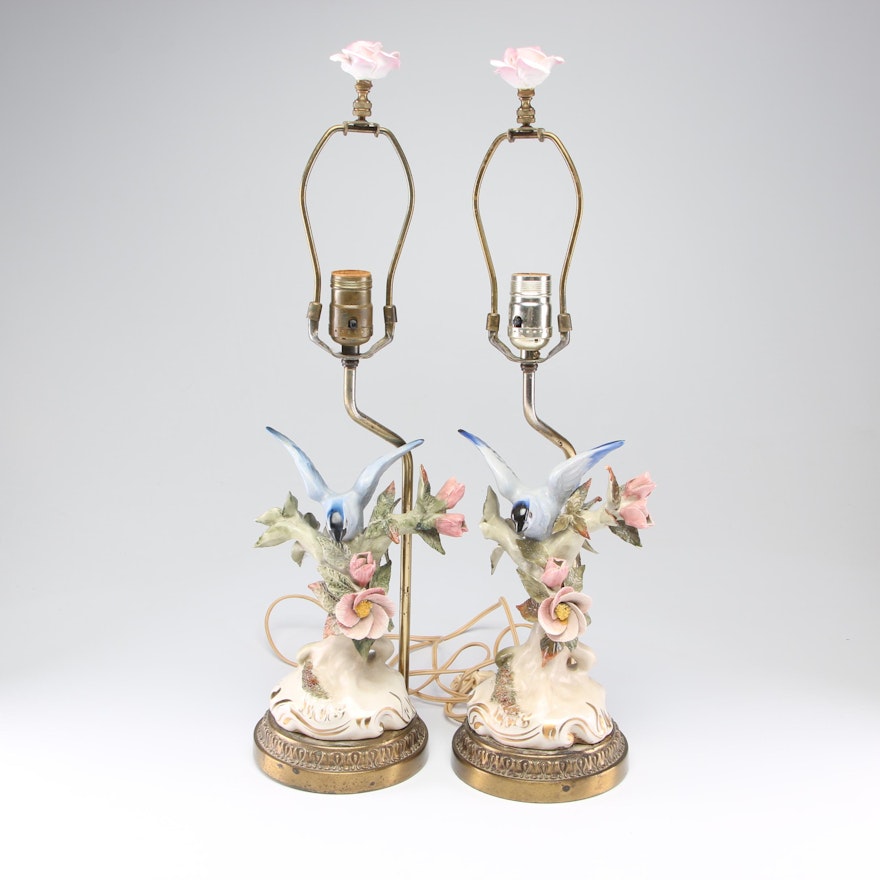 Converted Porcelain and Brass Figural Bird Table Lamps, Mid to Late 20th Century