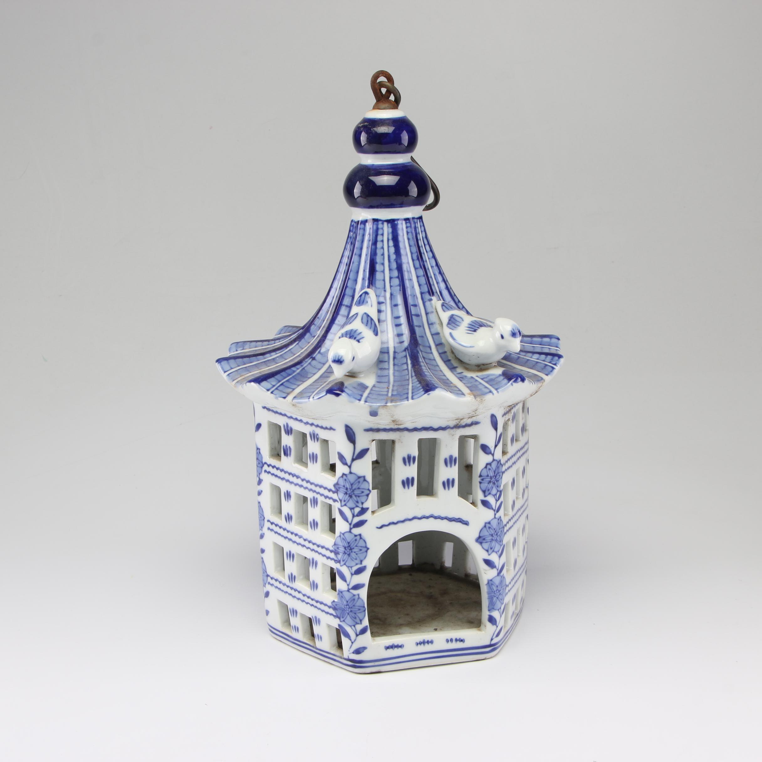 Chinese Blue and White Porcelain Hanging Bird House, Late 20th Century