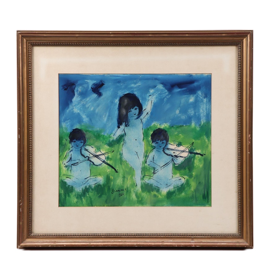 Roger Etienne Tempera Painting of Children Playing Fiddles and Dancing