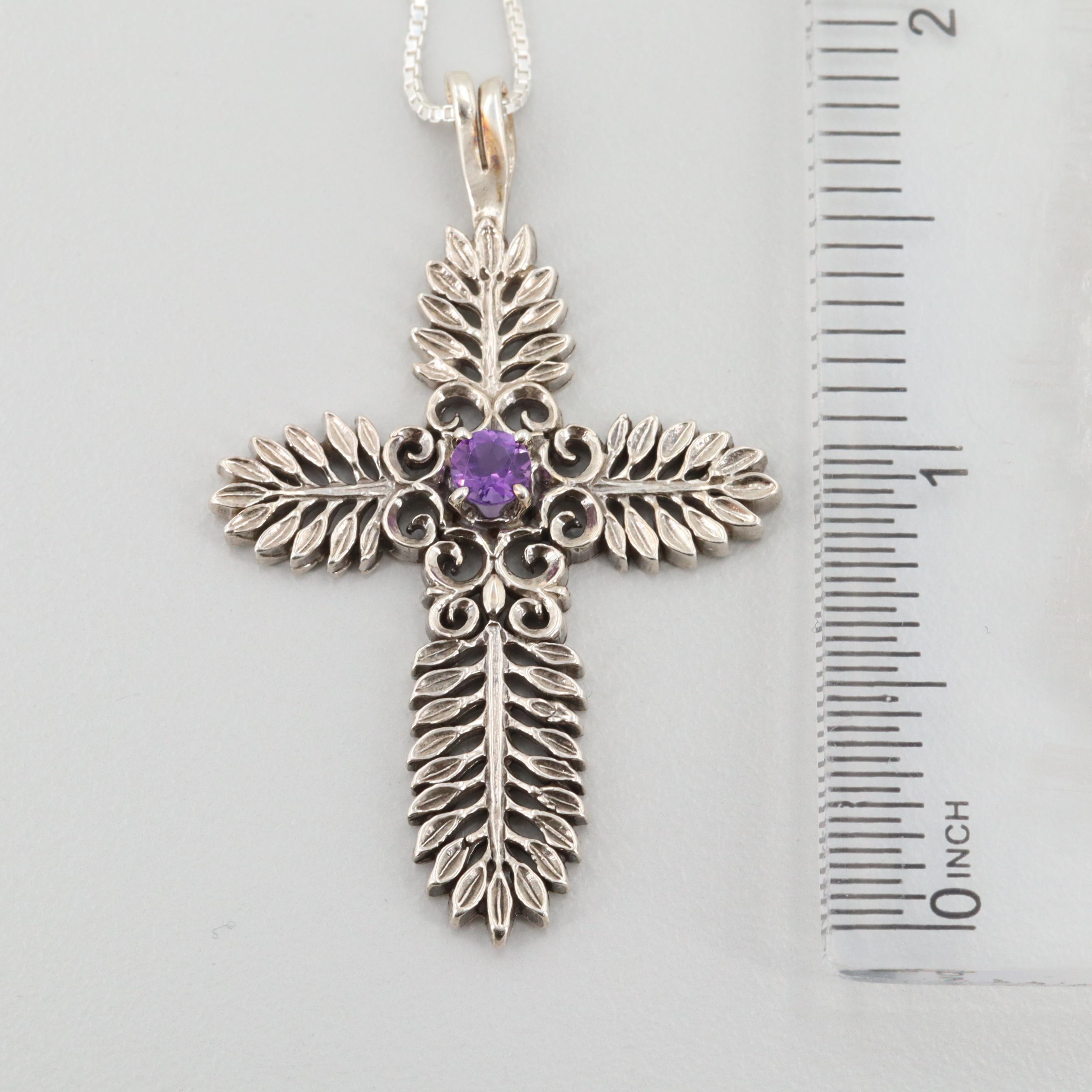 Sterling Silver Amethyst Cross Pendant Necklace