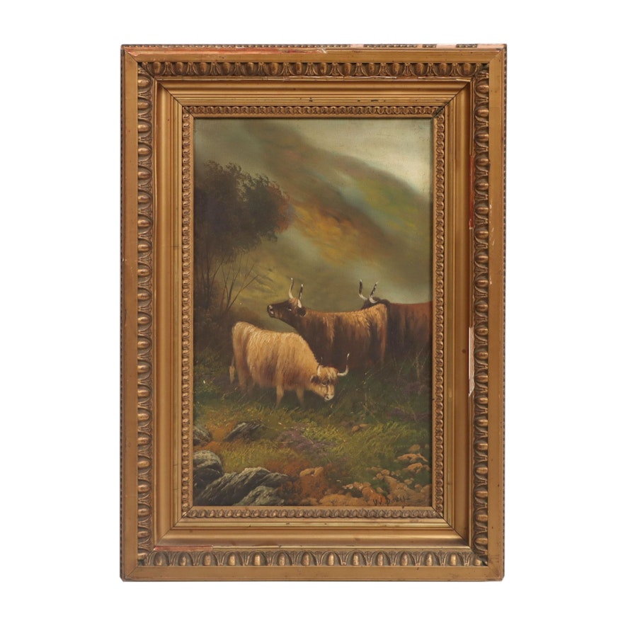 W. Davis Highland Cattle Oil Painting, 19th Century