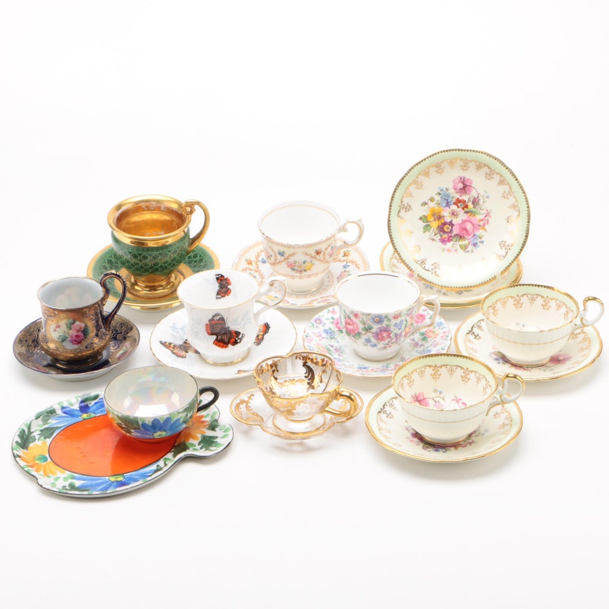 Porcelain and Glass Teacup and Saucer Sets including Crown & Staffordshire