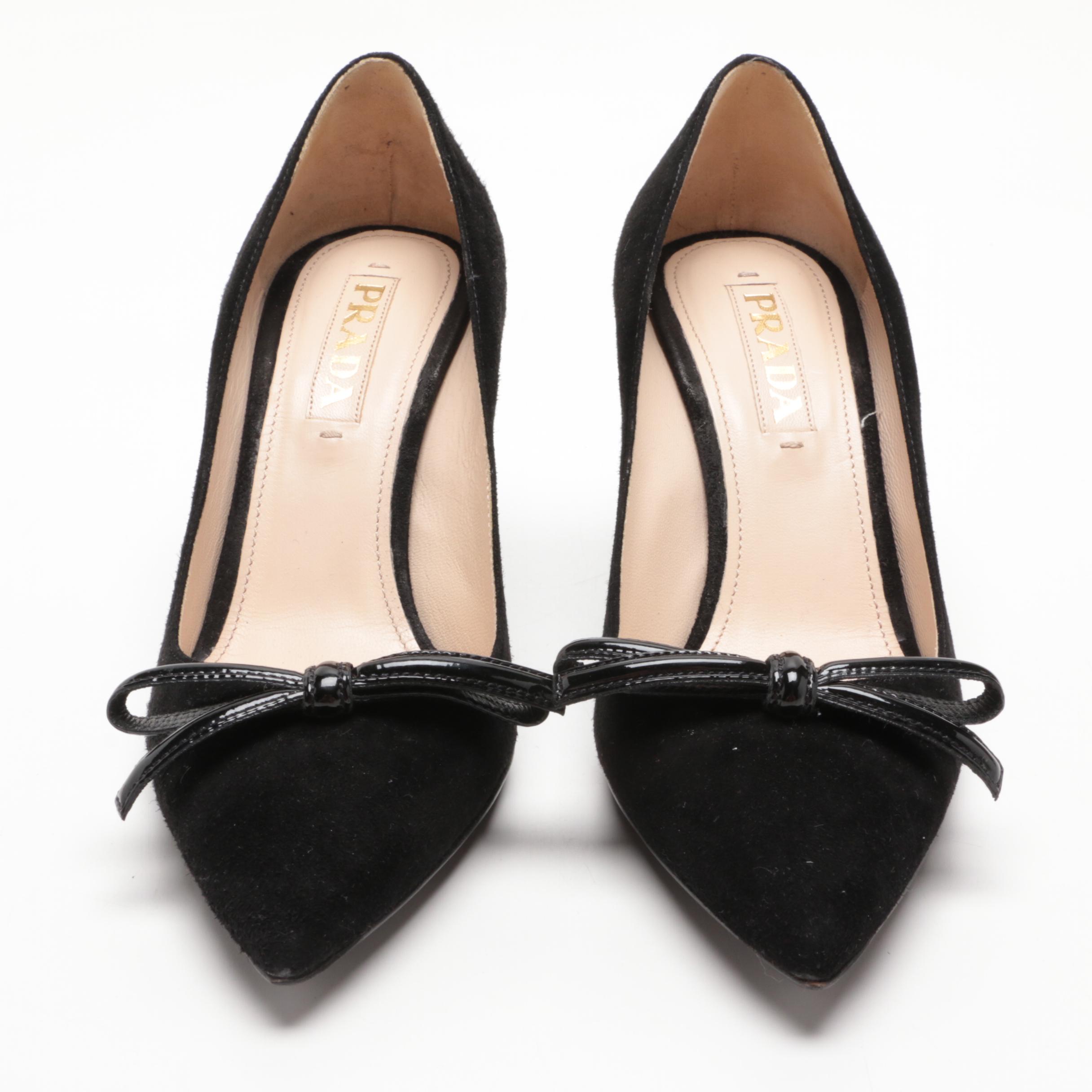 Prada Black Suede Pumps with Patent Leather Bow
