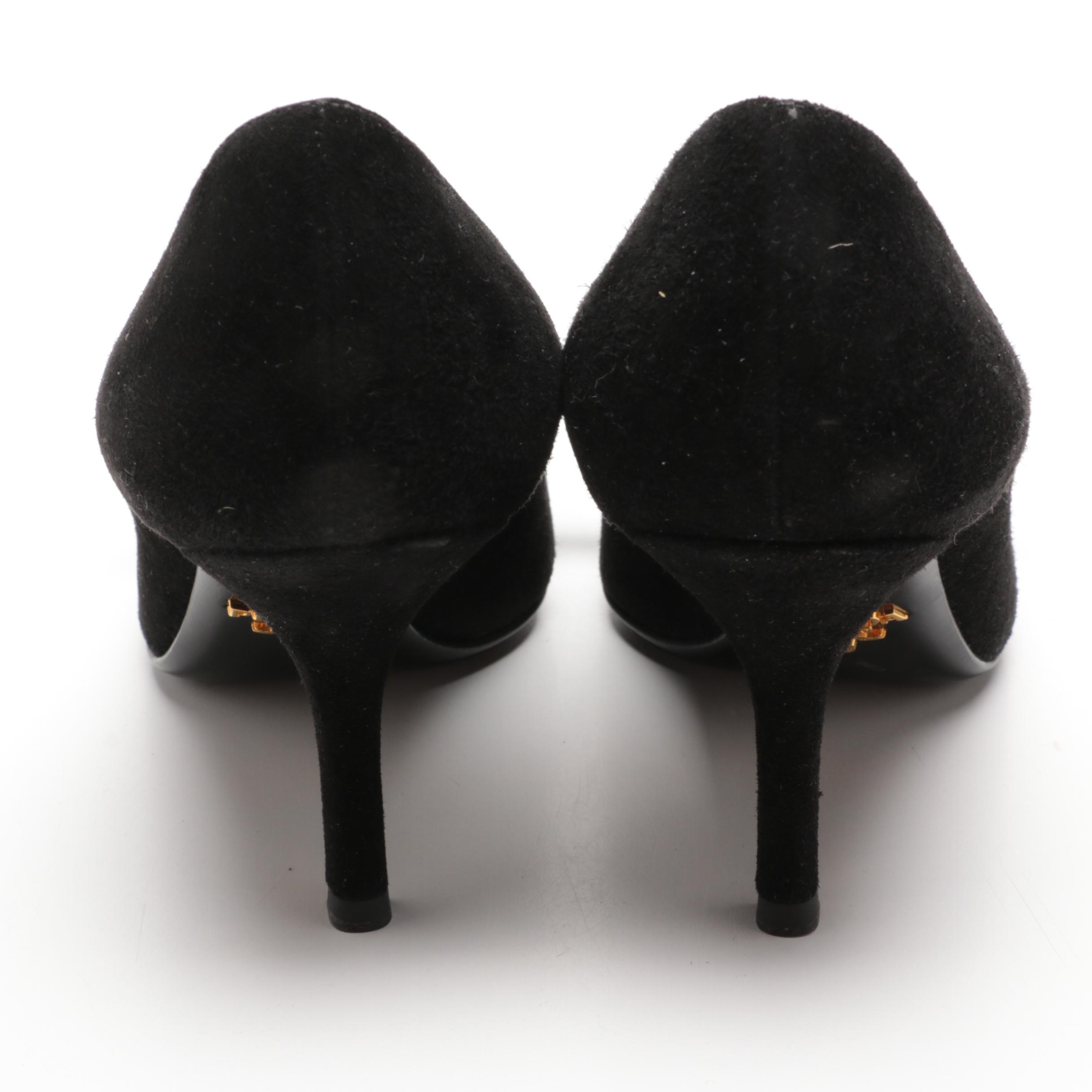 Prada Black Suede Pumps with Patent Leather Bow