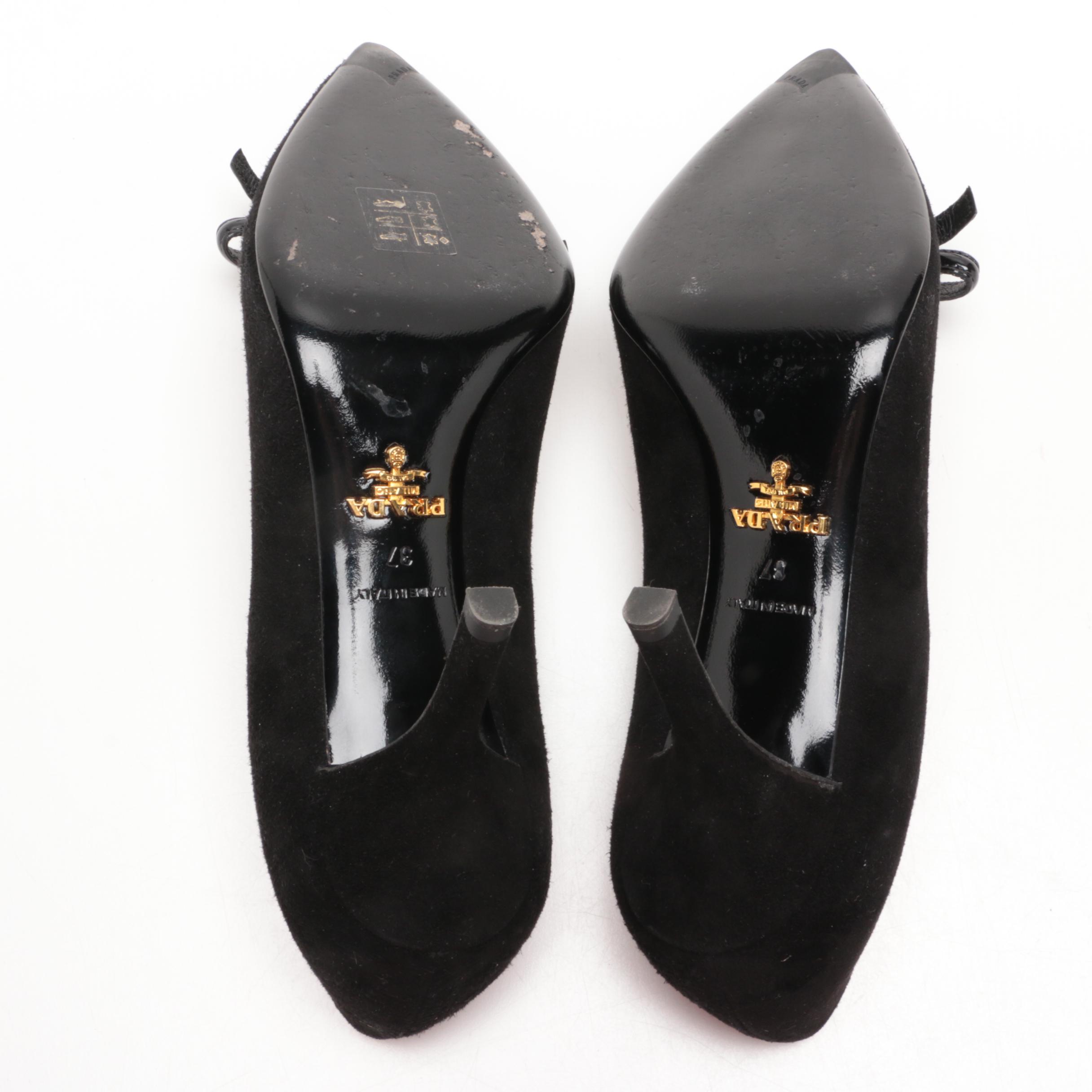 Prada Black Suede Pumps with Patent Leather Bow