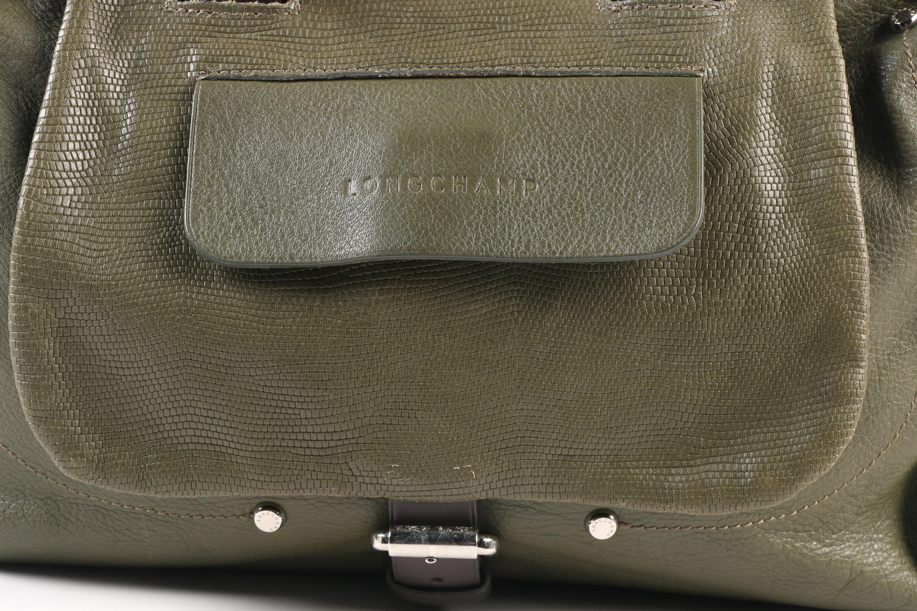 Longchamp Balzane Roots Satchel in Olive Green Leather with Brown Leather Handle