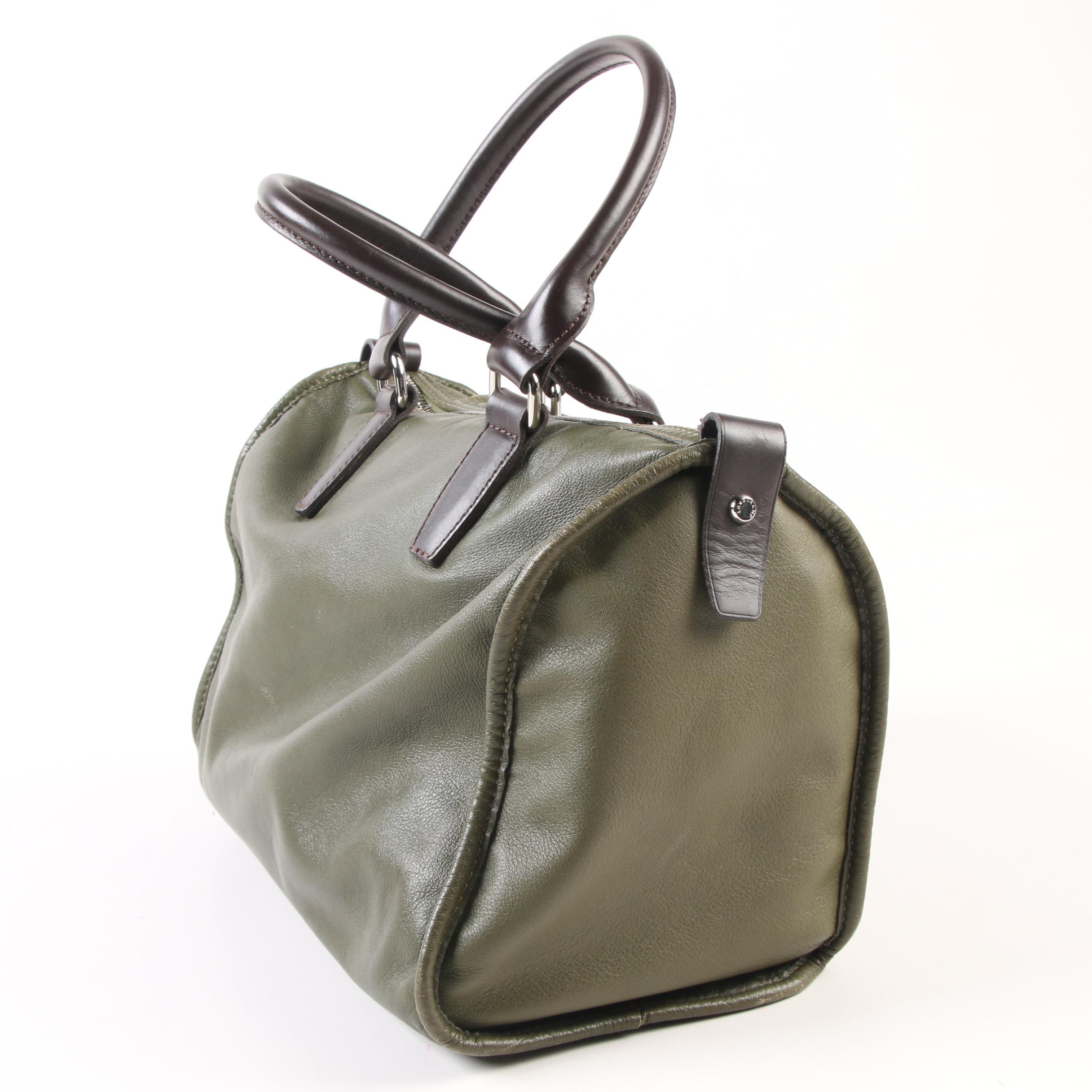 Longchamp Balzane Roots Satchel in Olive Green Leather with Brown Leather Handle