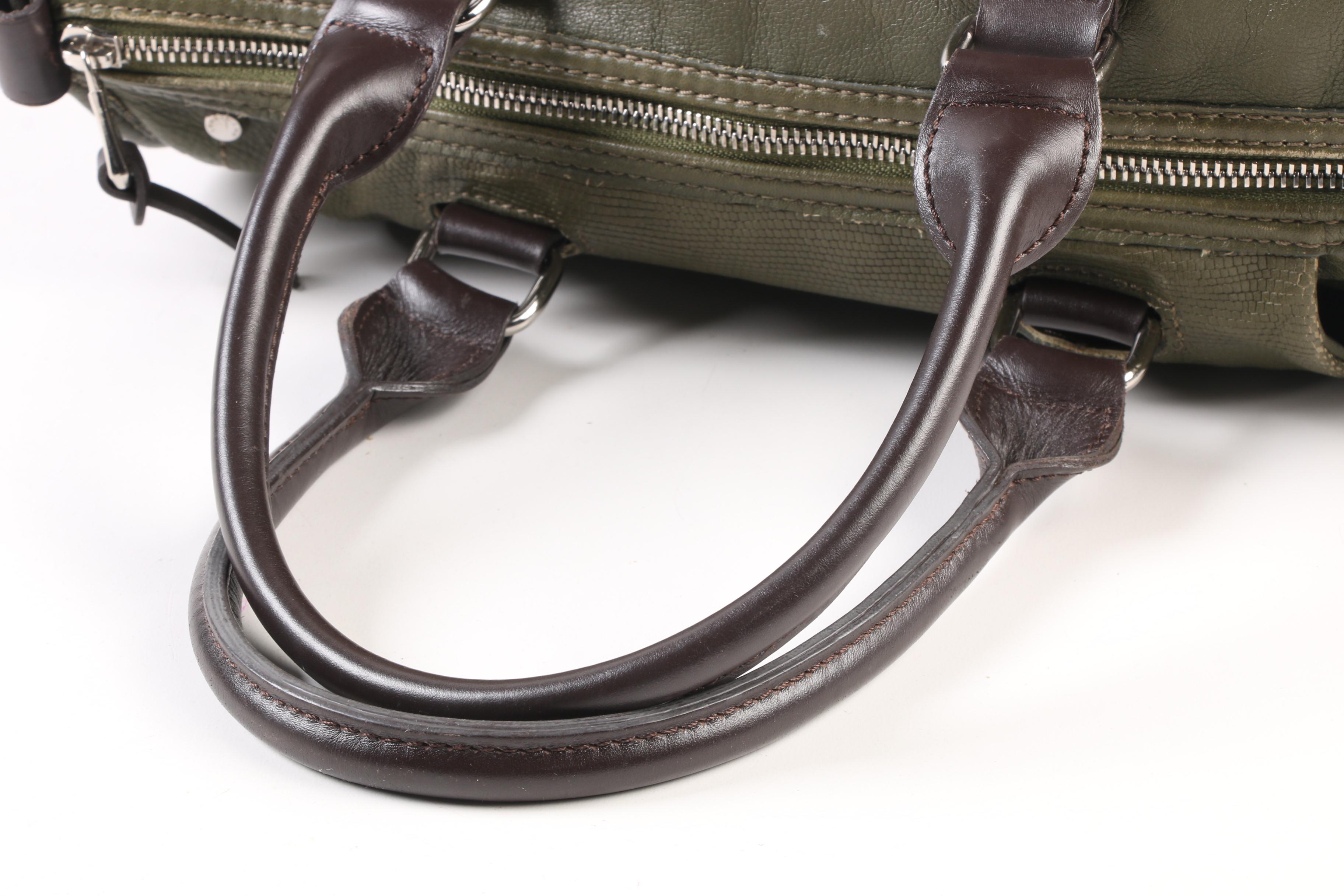 Longchamp Balzane Roots Satchel in Olive Green Leather with Brown Leather Handle