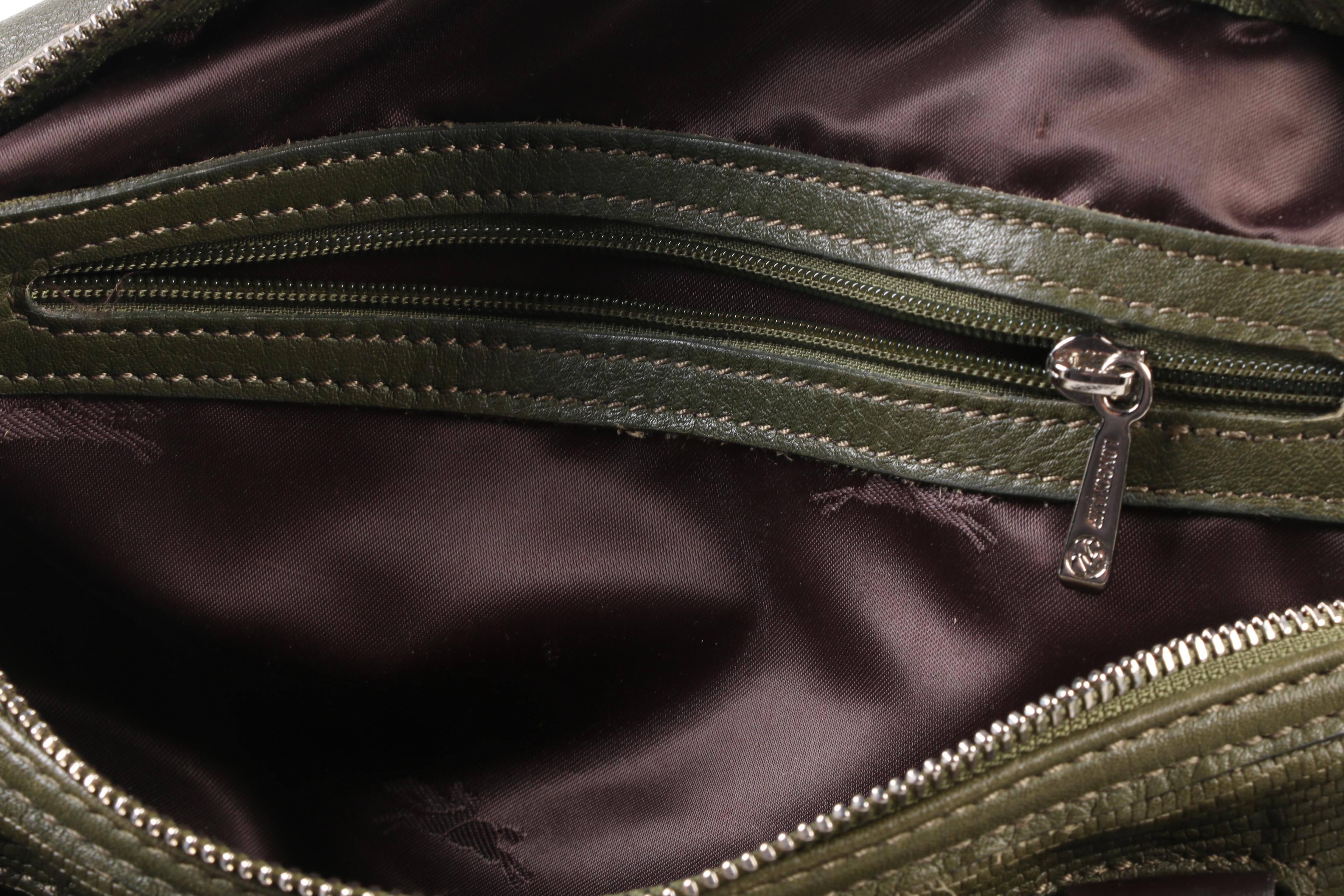 Longchamp Balzane Roots Satchel in Olive Green Leather with Brown Leather Handle