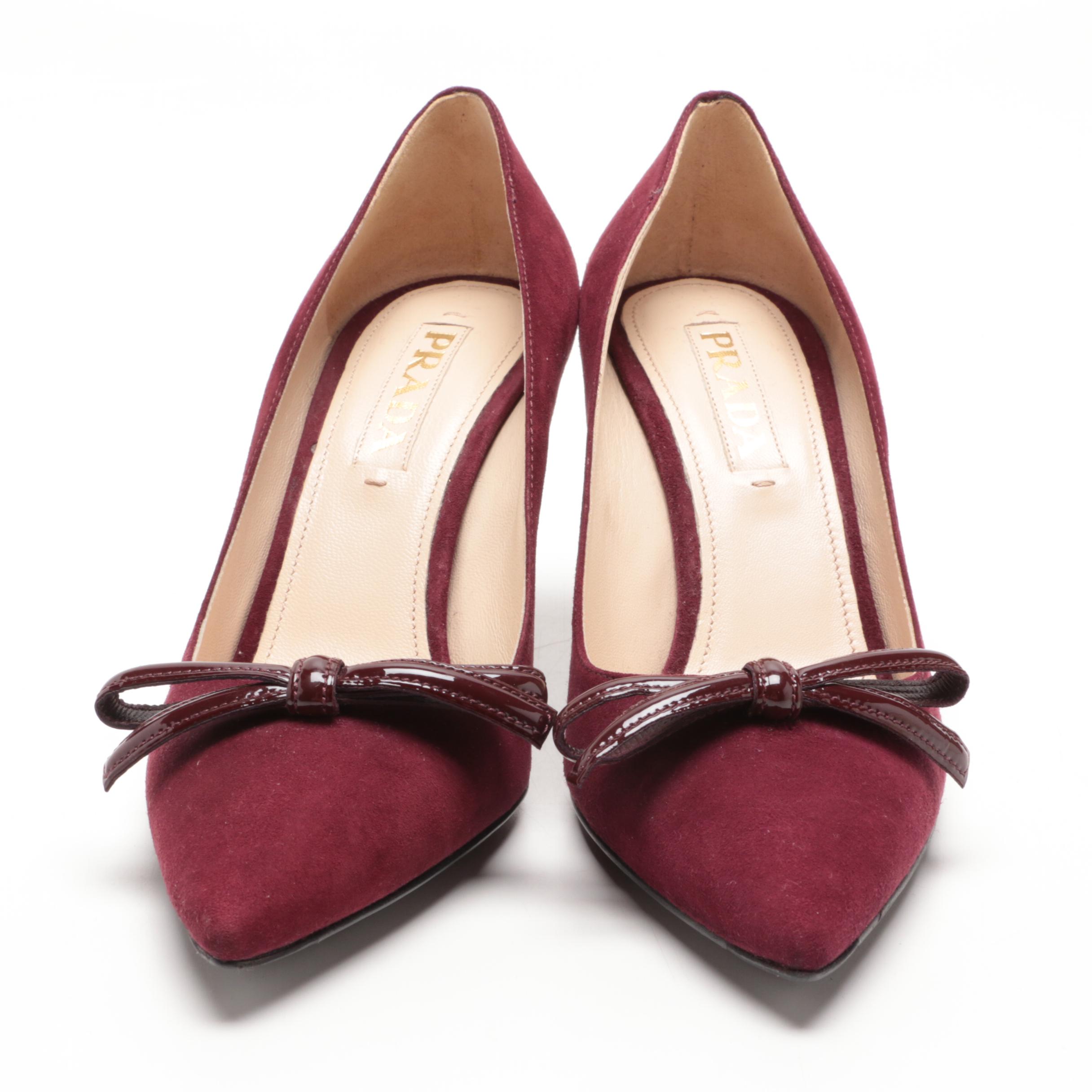 Prada Plum Suede Pumps with Patent Leather Bow