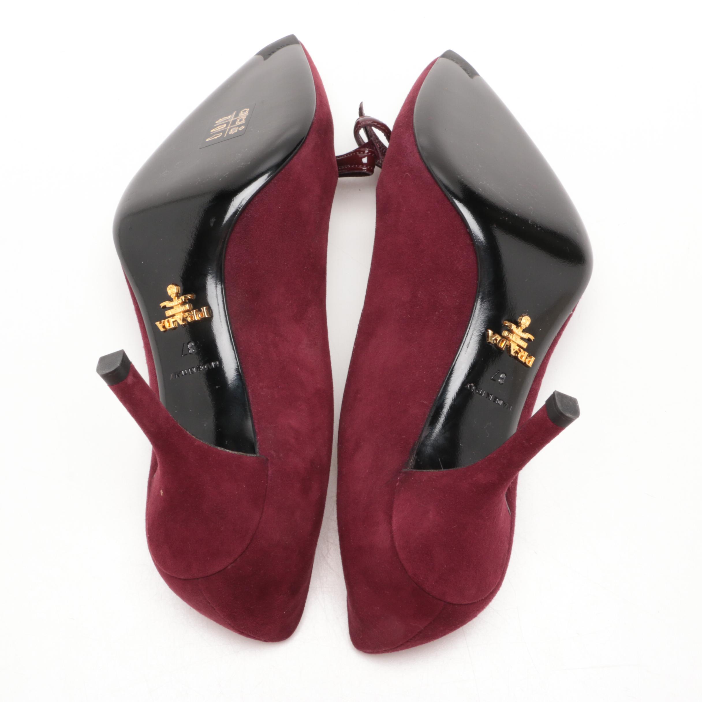 Prada Plum Suede Pumps with Patent Leather Bow