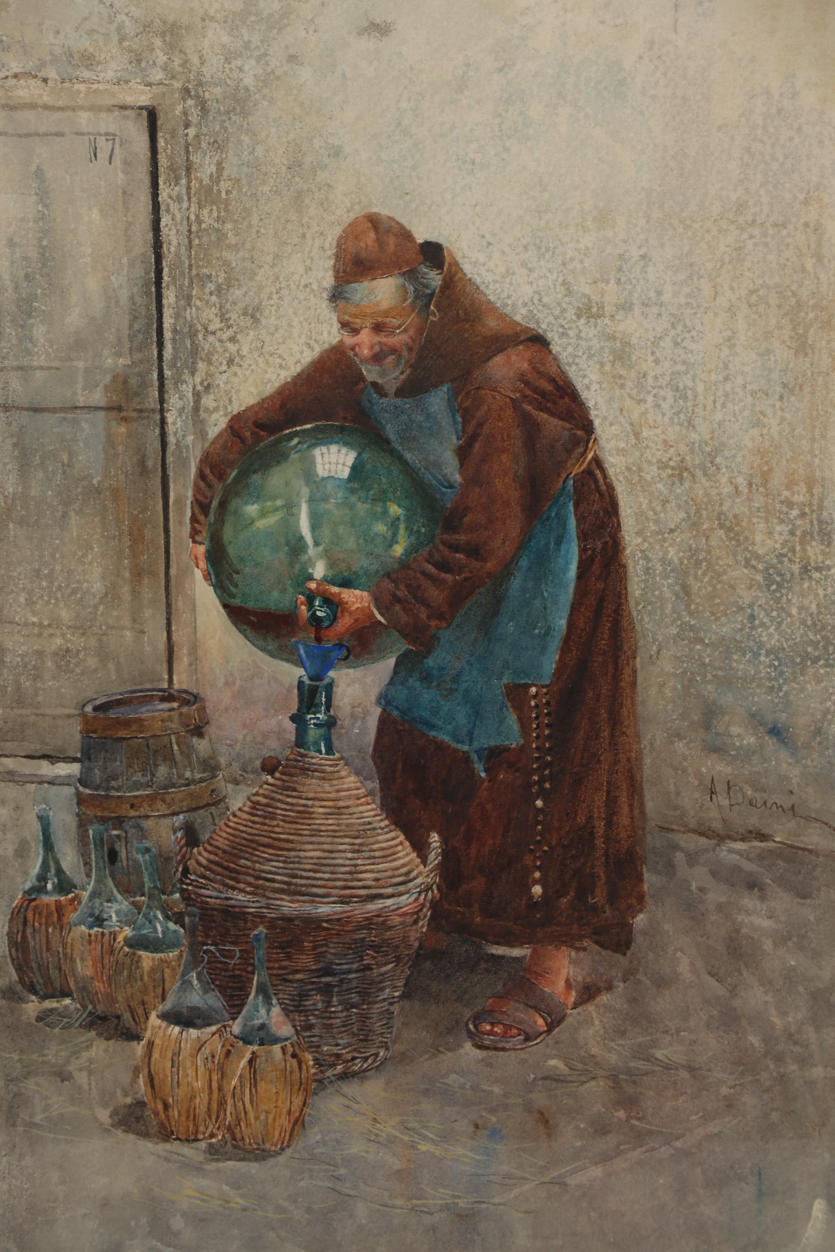 Augusto Daini Genre Scene Watercolor Painting of Friar