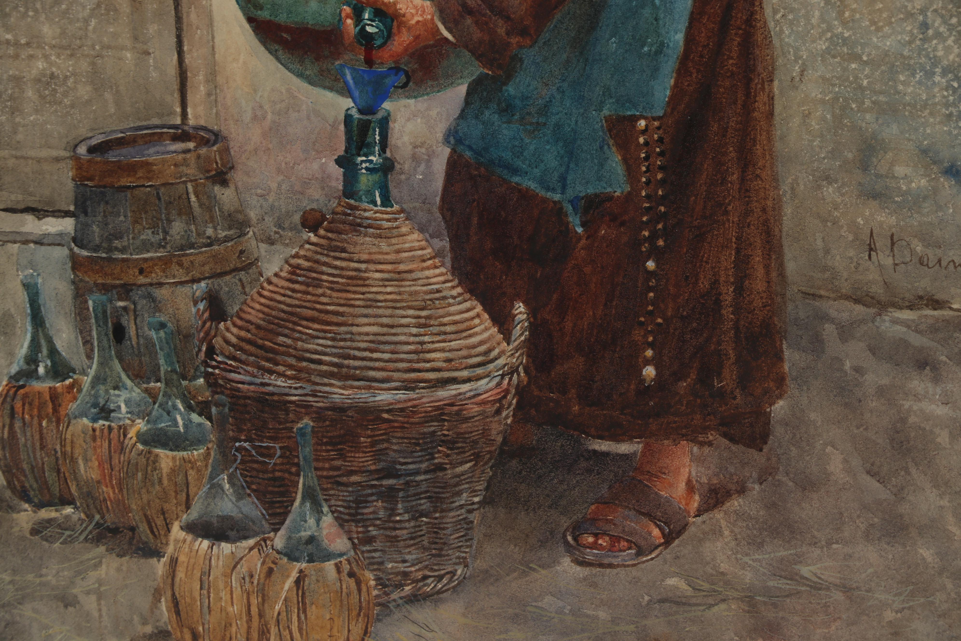 Augusto Daini Genre Scene Watercolor Painting of Friar