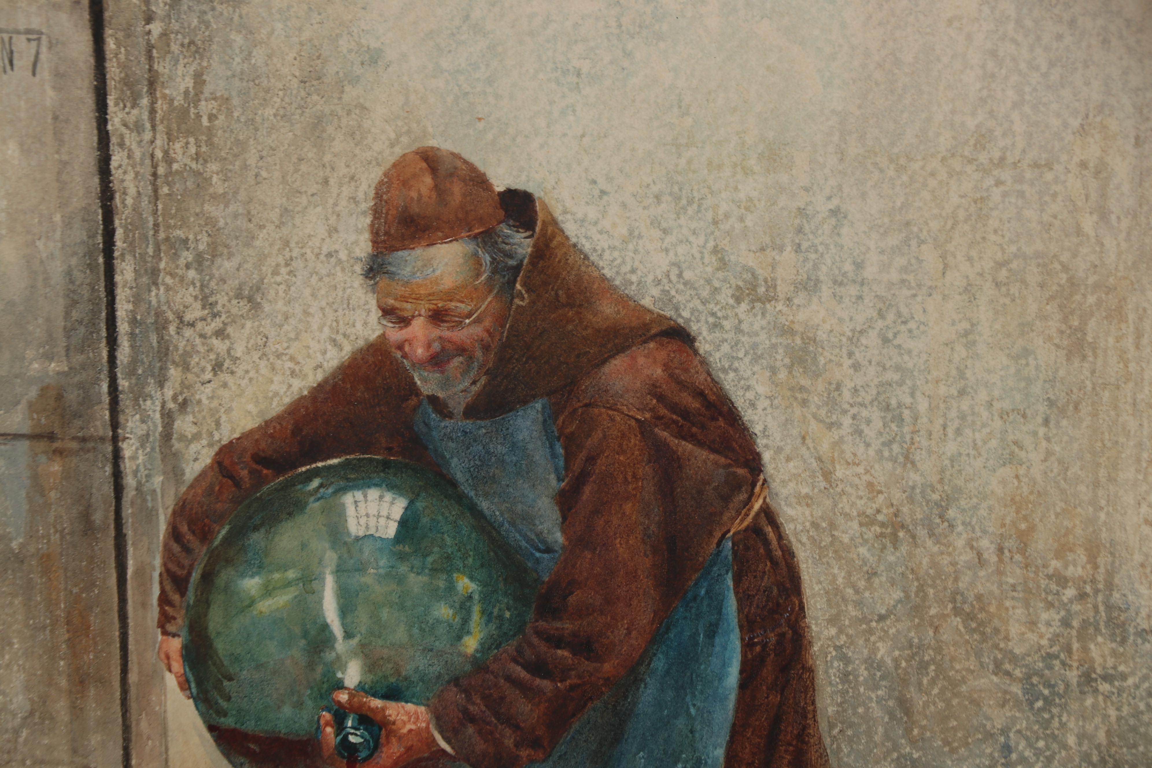 Augusto Daini Genre Scene Watercolor Painting of Friar