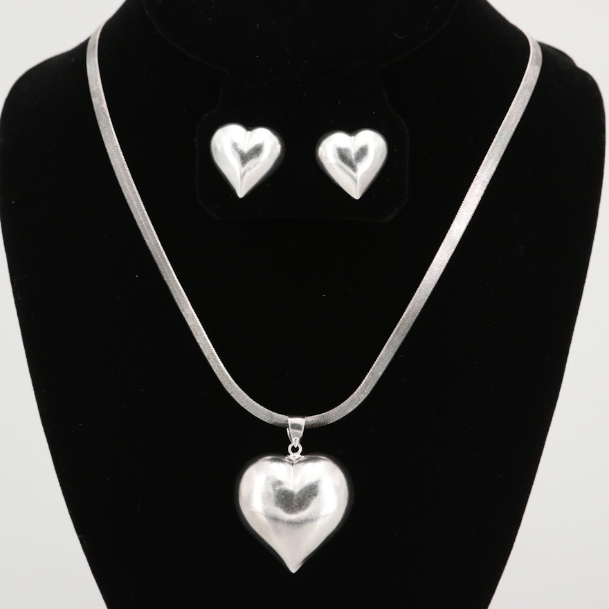 Sterling Silver Heart Pendant Necklace and Earrings