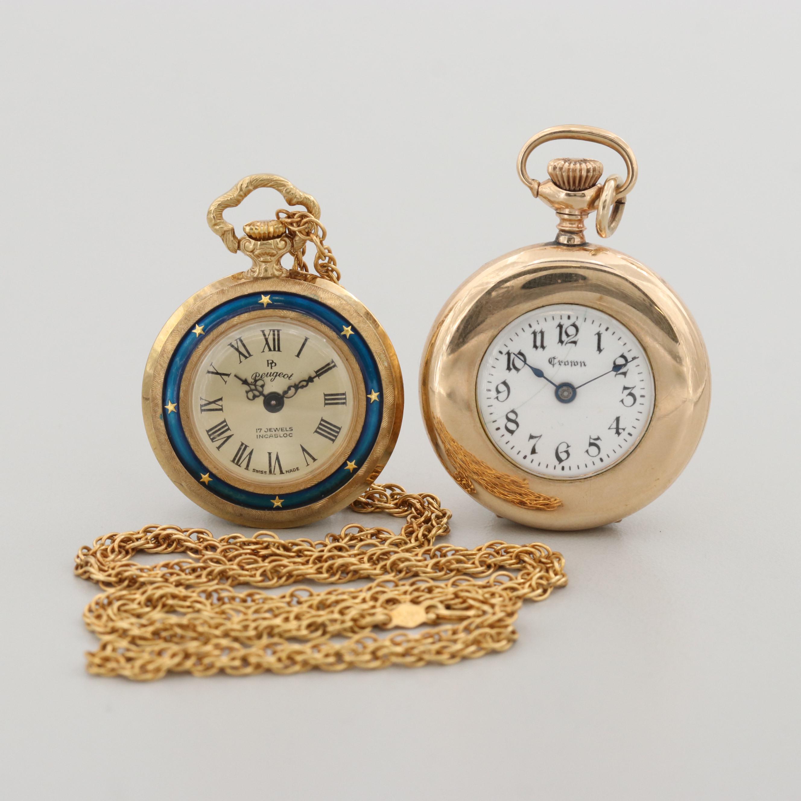 Peugeot Enameled Case Pendant Watch and Standard Crown Gold Filled Pocket Watch