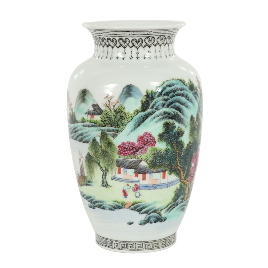 Chinese Porcelain Vase With Hand Painted Mountain Village Scene