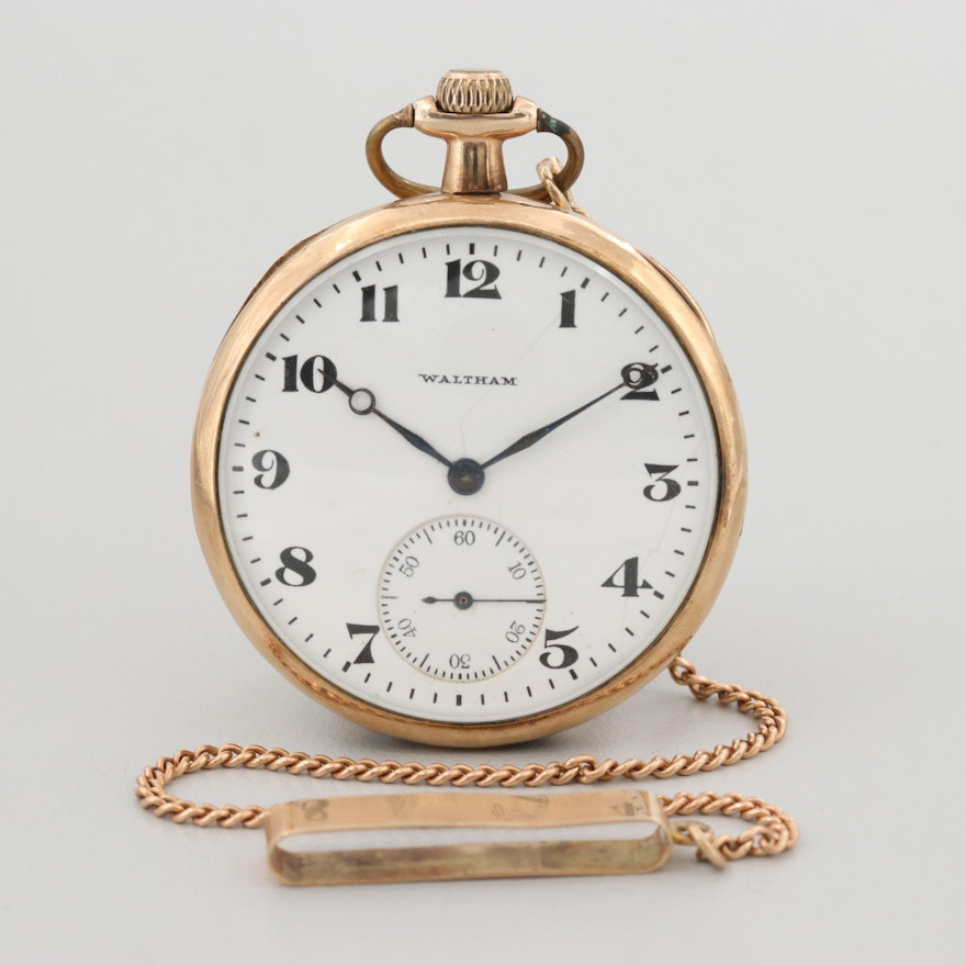 Antique Waltham Gold Filled Open Face Pocket Watch With Fob Chain, 1916