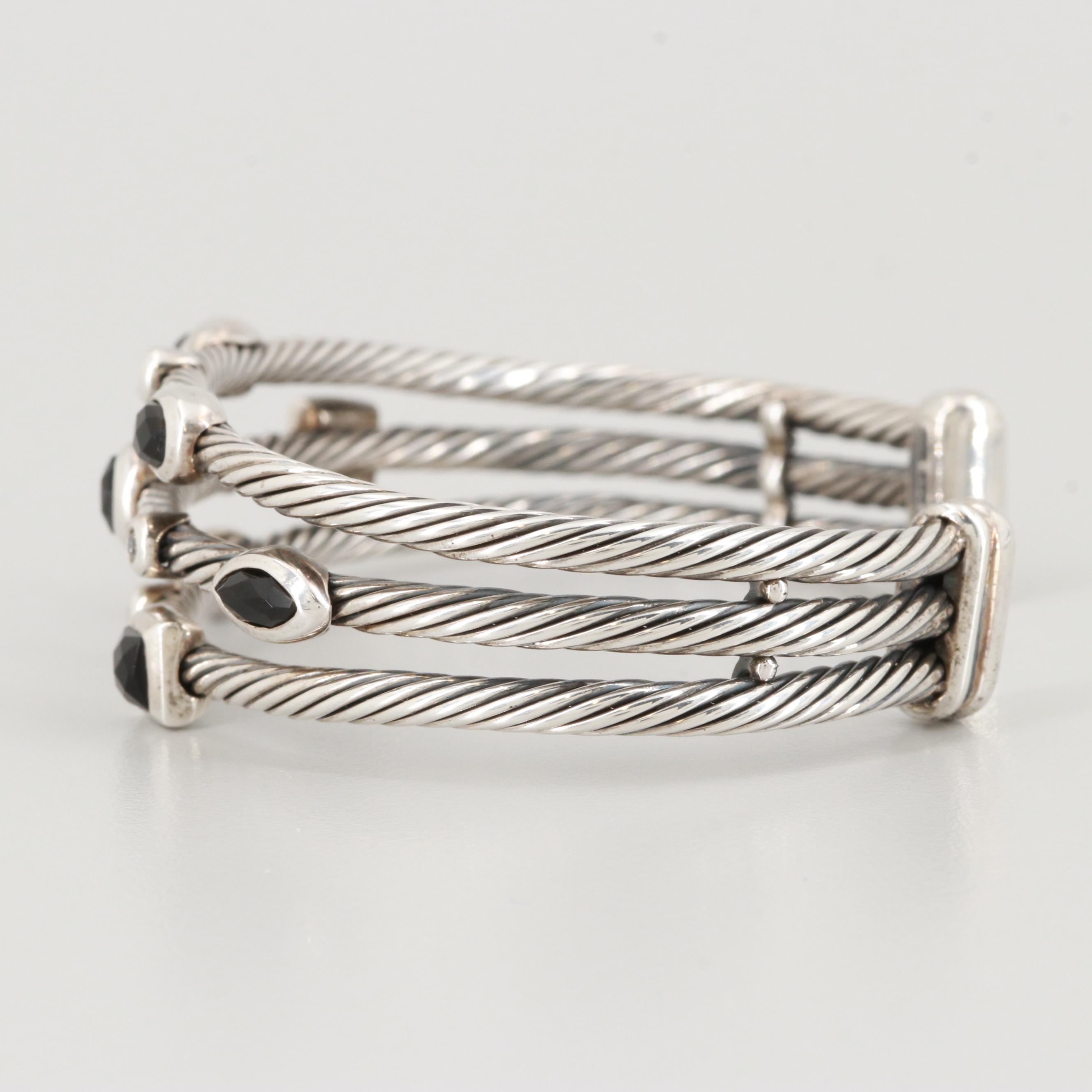 David Yurman Diamond and Black Onyx "Confetti" Three Row Cuff Bracelet