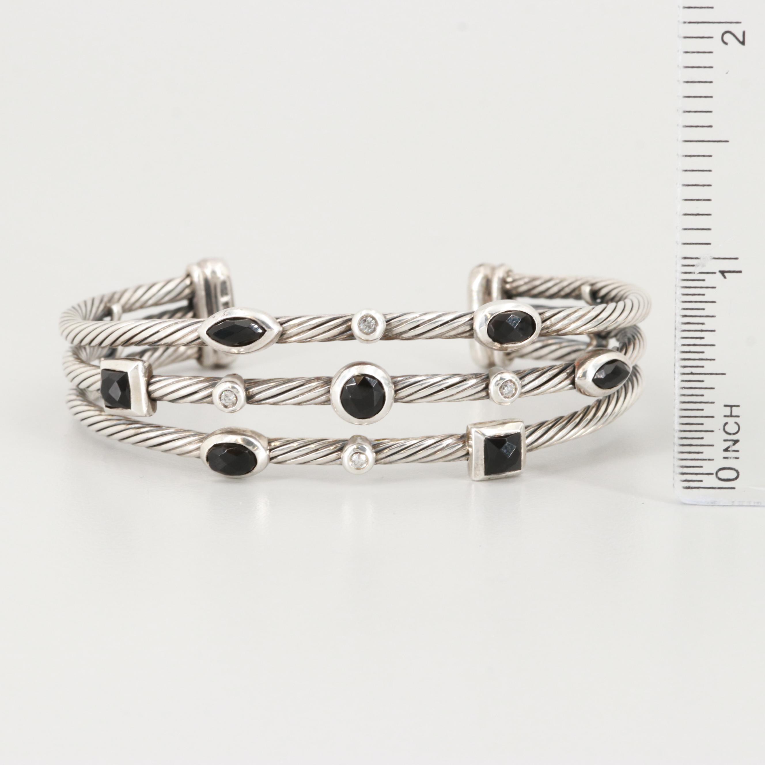 David Yurman Diamond and Black Onyx "Confetti" Three Row Cuff Bracelet