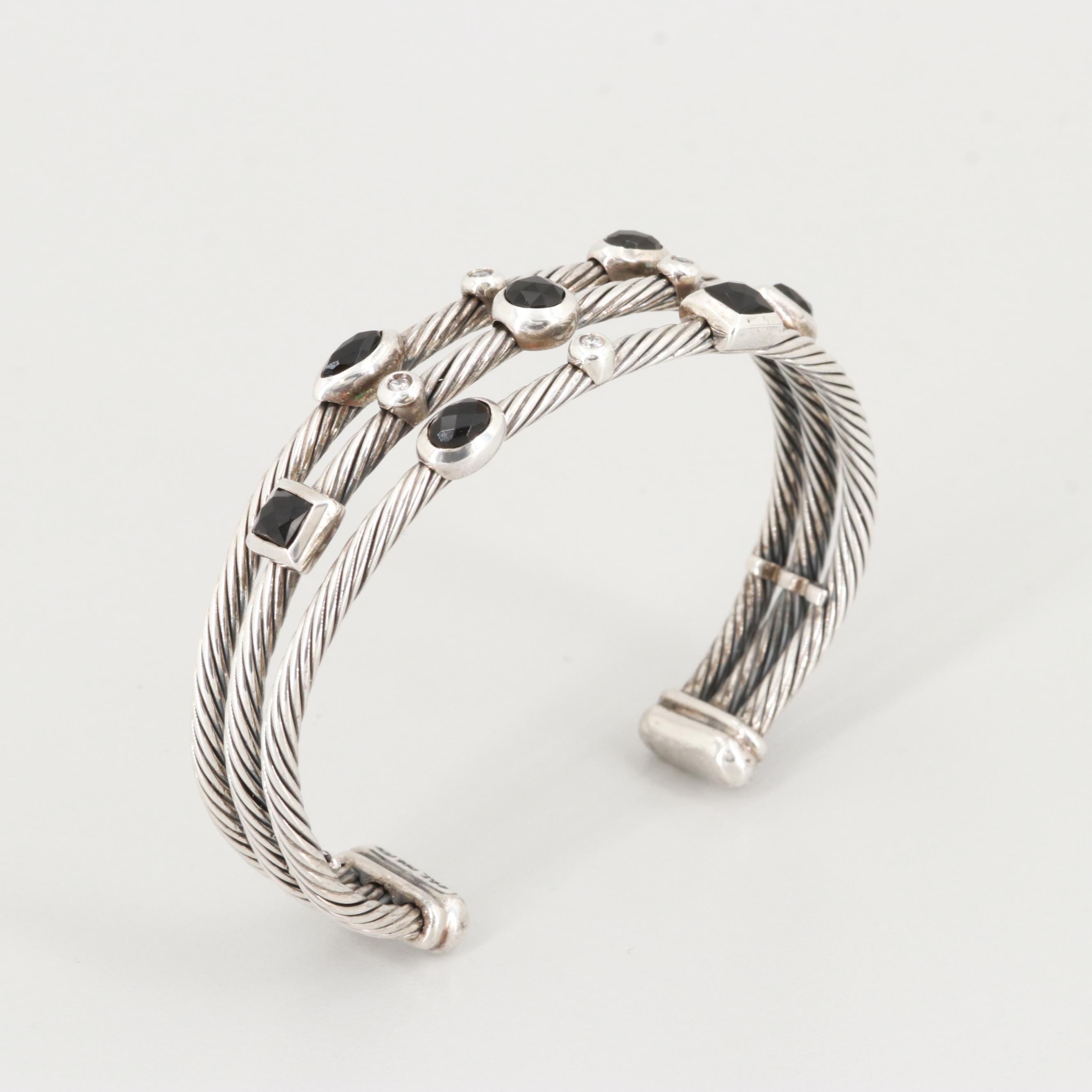 David Yurman Diamond and Black Onyx "Confetti" Three Row Cuff Bracelet