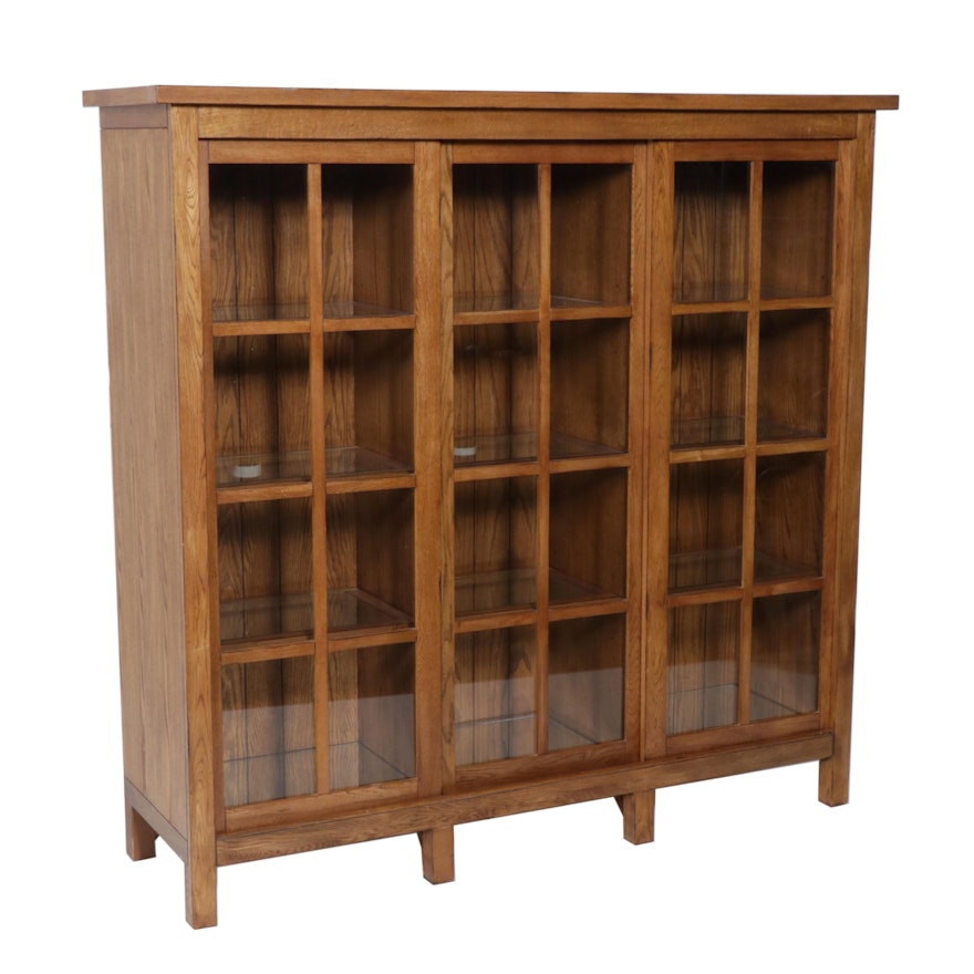 Glass Front Oak Finish Laminate Display Cabinet, Late 20th Century