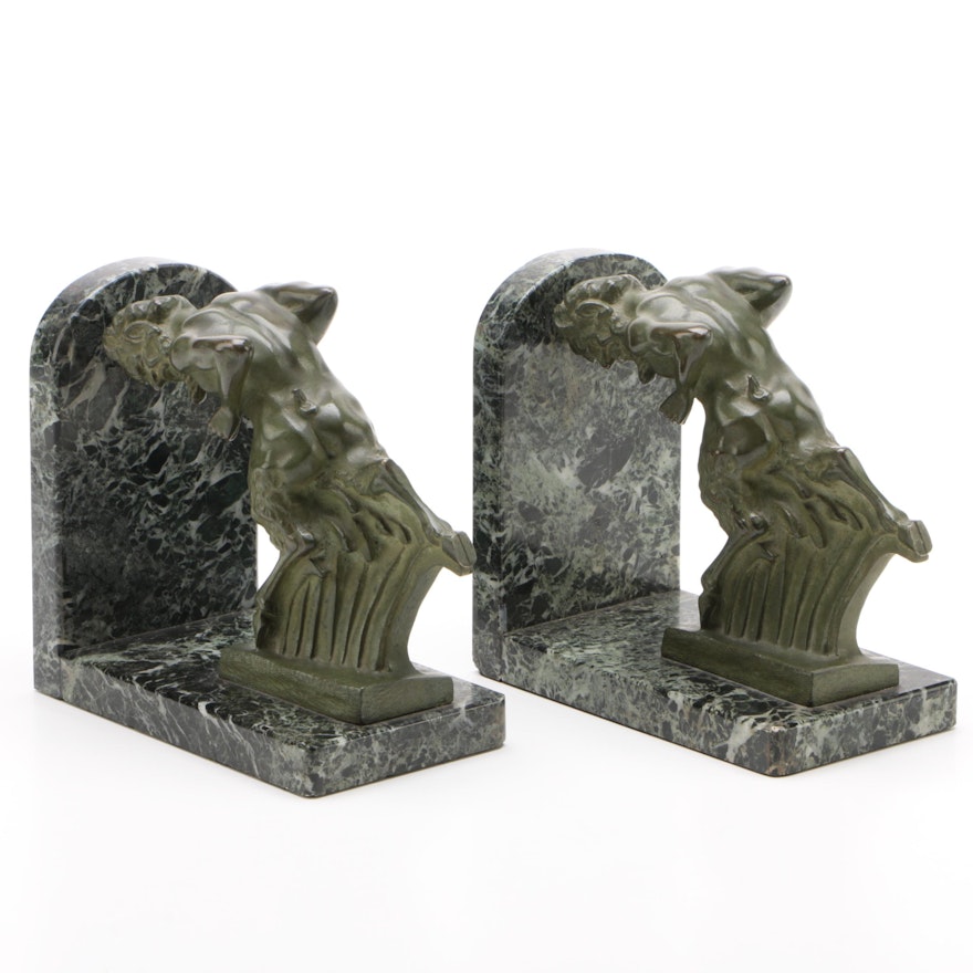Art Deco Bronze and Marble Satyr Bookends by Irénée Rochard, Circa 1930s