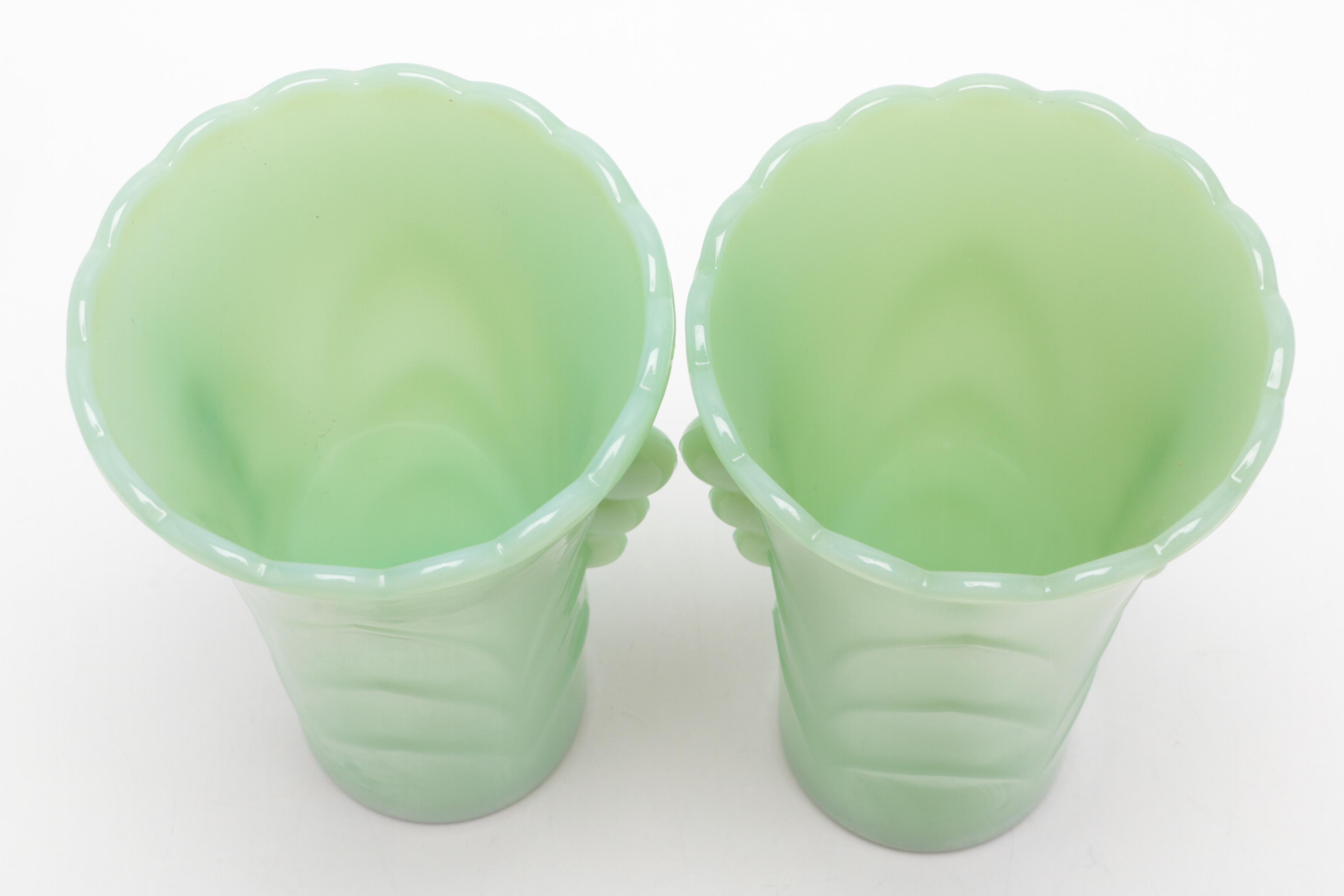 Art Deco Style Green Milk Glass Vases, MidCentury EBTH