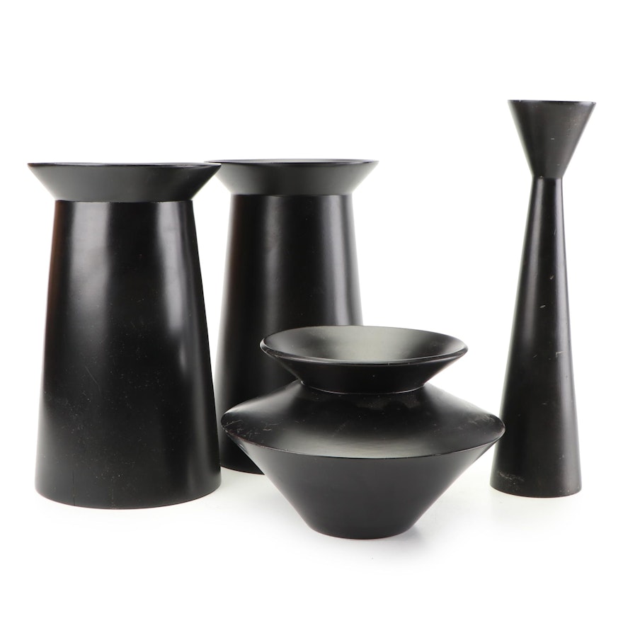 Matte Black Painted Wooden Vases and Candle Holder, Contemporary