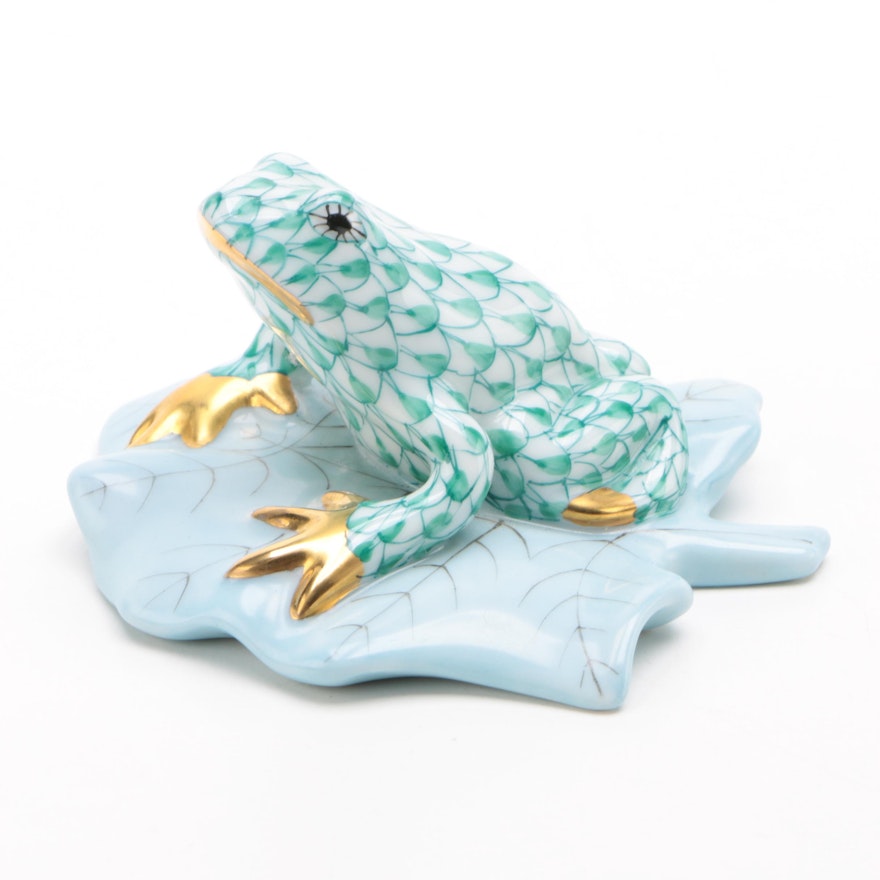 Herend Green Fishnet "Frog on Lily Pad" Porcelain Figurine, April 1993