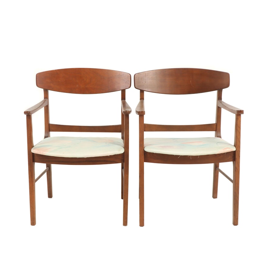 A Pair of Wooden Arm Chairs with Upholstered Seats