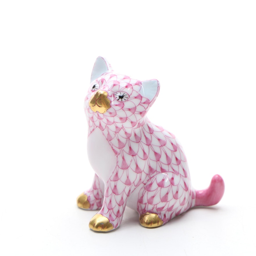 Herend Raspberry Fishnet "Sitting Kitty" Porcelain Figurine