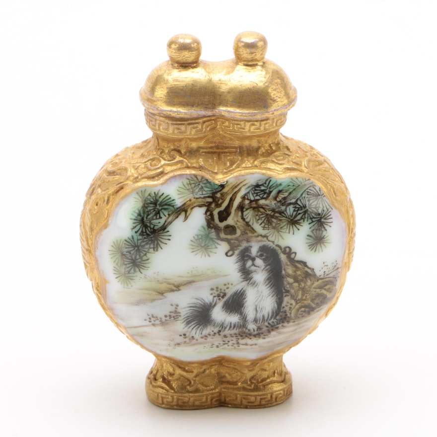 Chinese Porcelain Double Lobed Snuff Bottle Hand Decorated with Goat and Dog