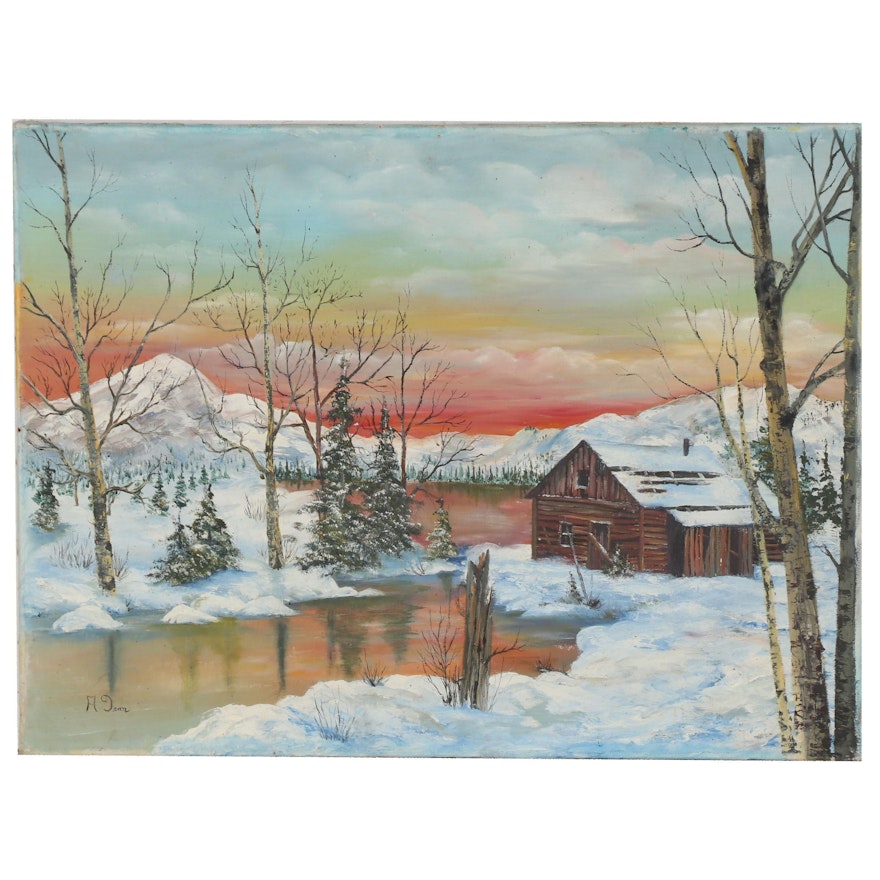 Late 20th Century Winter Scene Oil Painting