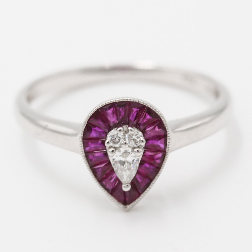 18K White Gold Diamond Ruby Ring