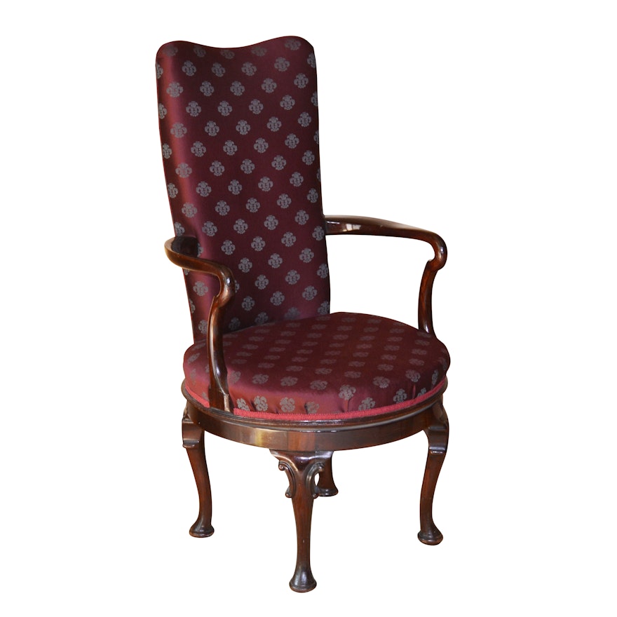Queen Anne Style Upholstered Swiveling Wooden Armchair, Mid-20th Century