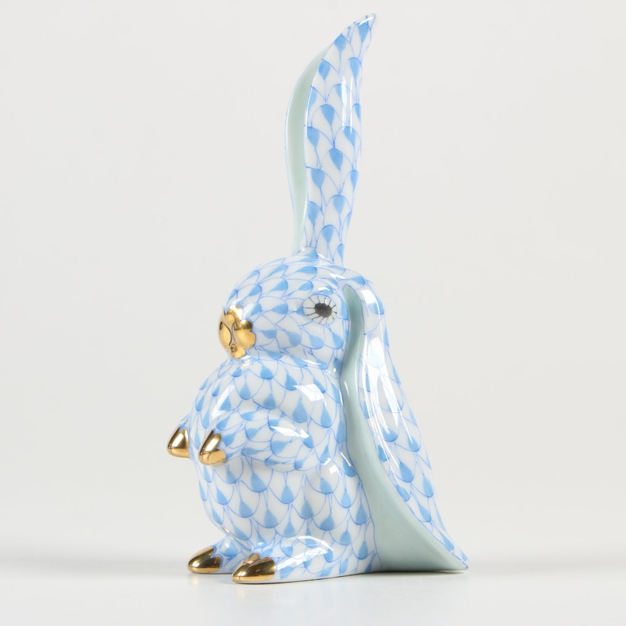 Herend Blue Fishnet "Rabbit with One Ear Up" Porcelain Figurine, November 1998