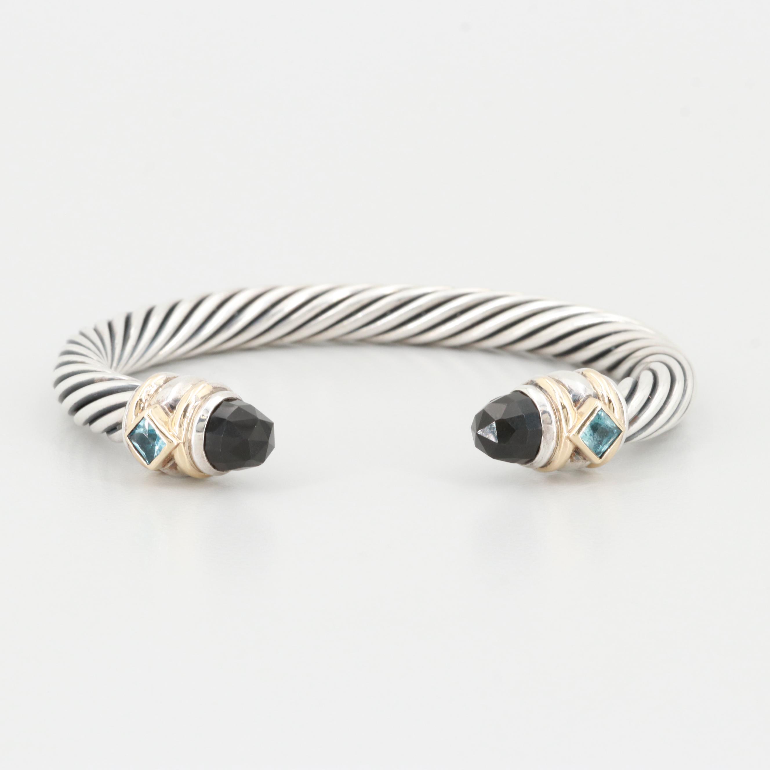David Yurman Sterling Black Onyx and Blue Topaz Cuff Bracelet with 14K Accents